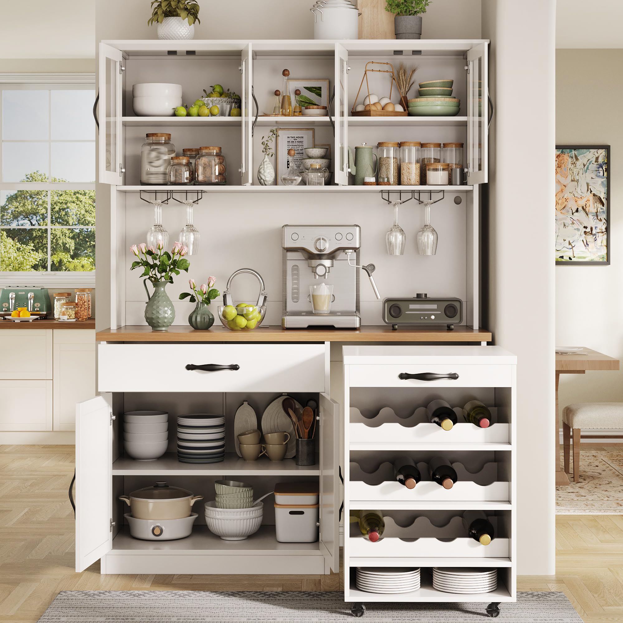 Armadio da cucina da 140 cm con carrello, armadietto alto, bianco, 140 x 38 x 180 cm, dispensa con mensola per bicchieri da vino e scaffale per vino, credenza per soggiorno, sala da pranzo