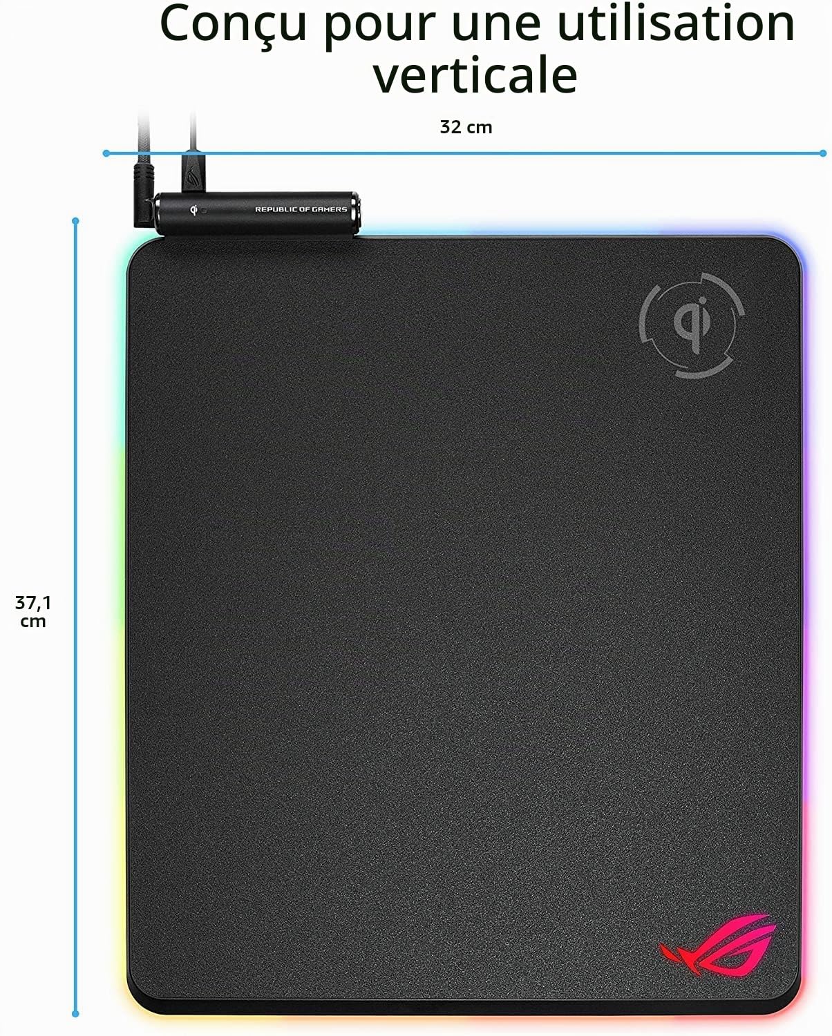 ASUS ROG Balteus Qi - Tapis de Souris Gaming RGB avec Technologie de rechargement sans Fil, 15 Zones d'éclairage RGB, Surface Solide, Format Portrait, Port USB et Base antidérapante