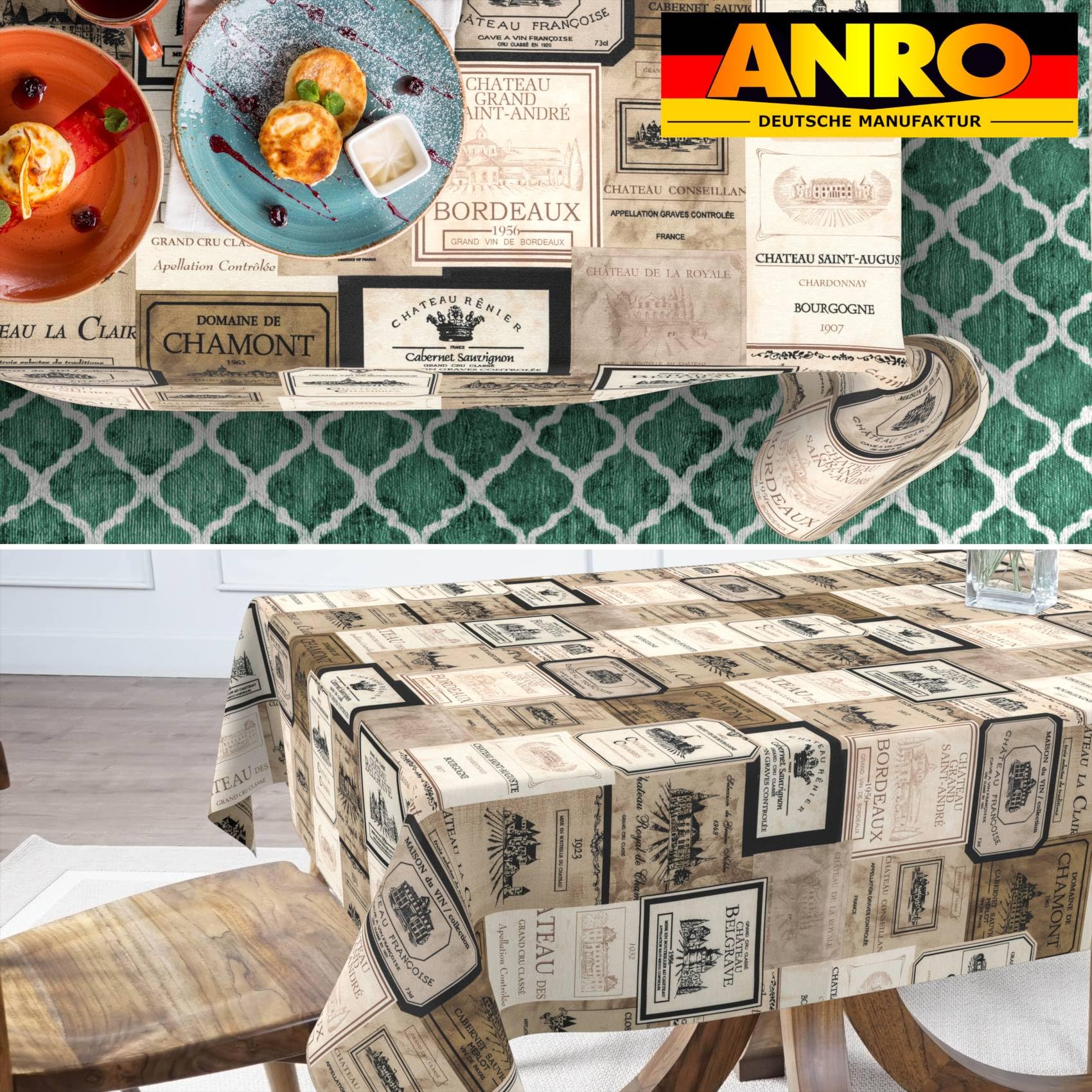 Mantel de tela lavable, fácil de limpiar, efecto loto, resistente a la suciedad y al agua, para interior y exterior, mantel de 300 x 140 cm, borde cortado de vino