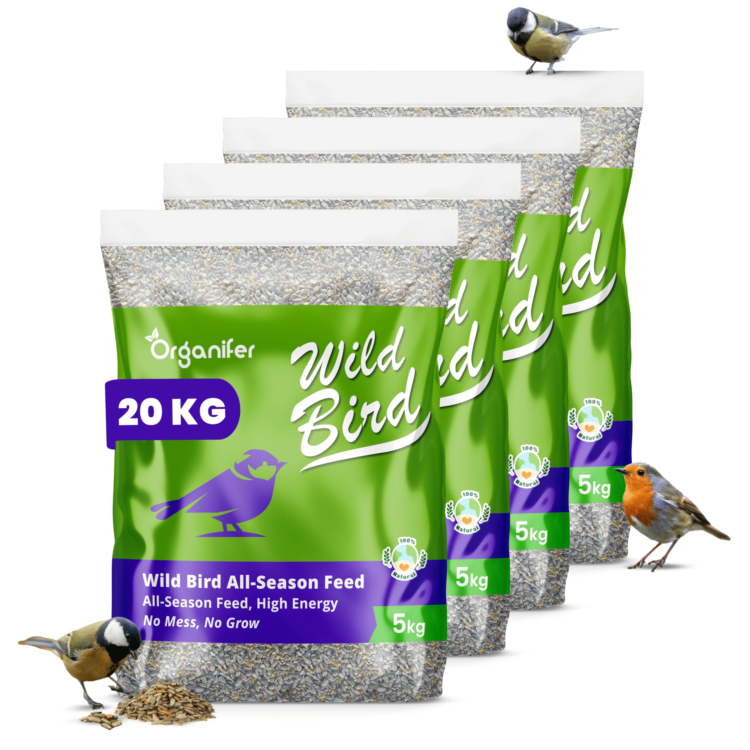 Alimento para Pájaros De Jardín - 20kg - Mezcla Premium | Sin Suciedad - Sin Gérmenes Y Sin Malezas - Rico En Grasas Y Proteínas - Para Todas Las Estaciones - Organifer