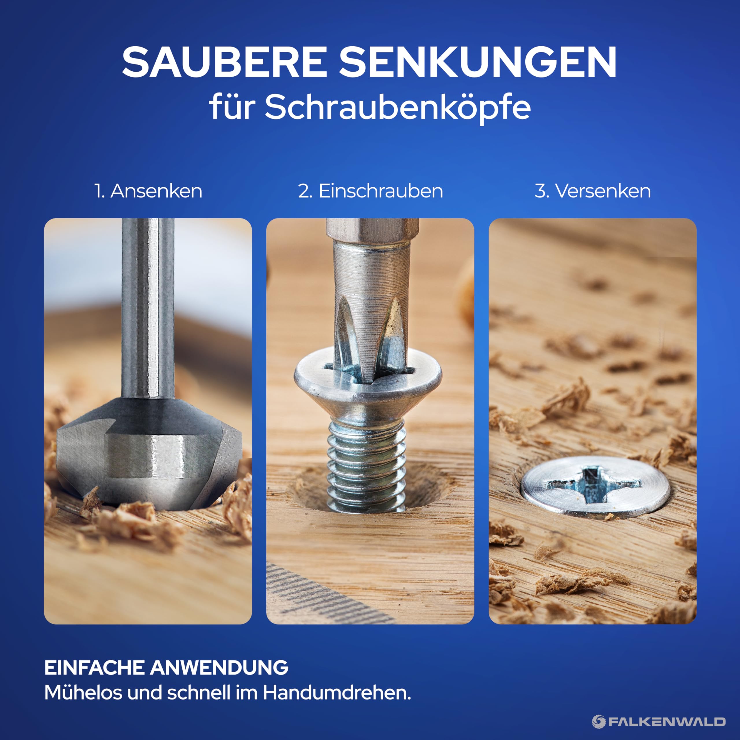 Falkenwald Kegelsenker Set aus HSS-CO Stahl [6-teilig inkl. Aufbewahrungsbox] - Senkbohrer Holz Ø 6,3-20,5 mm - Senker Holz - Senker Metall Kegelsenker Metall