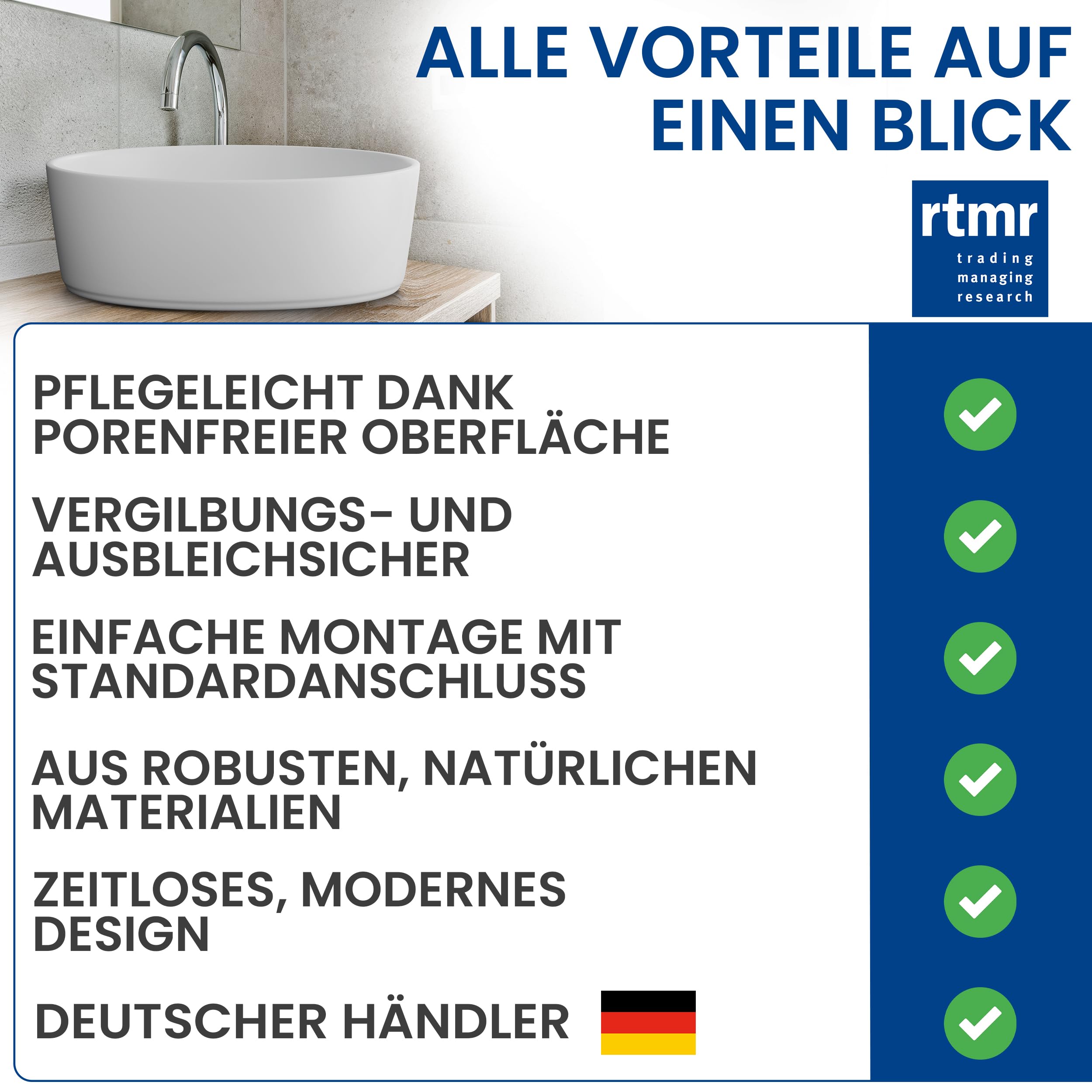rtmr Aufsatzwaschbecken, Waschbecken rund 36 cm – Keramik Waschschale weiß matt – modernes Design Waschtisch Schüssel für Bad & Gäste-WC – Waschbecken rund inkl. Siphon