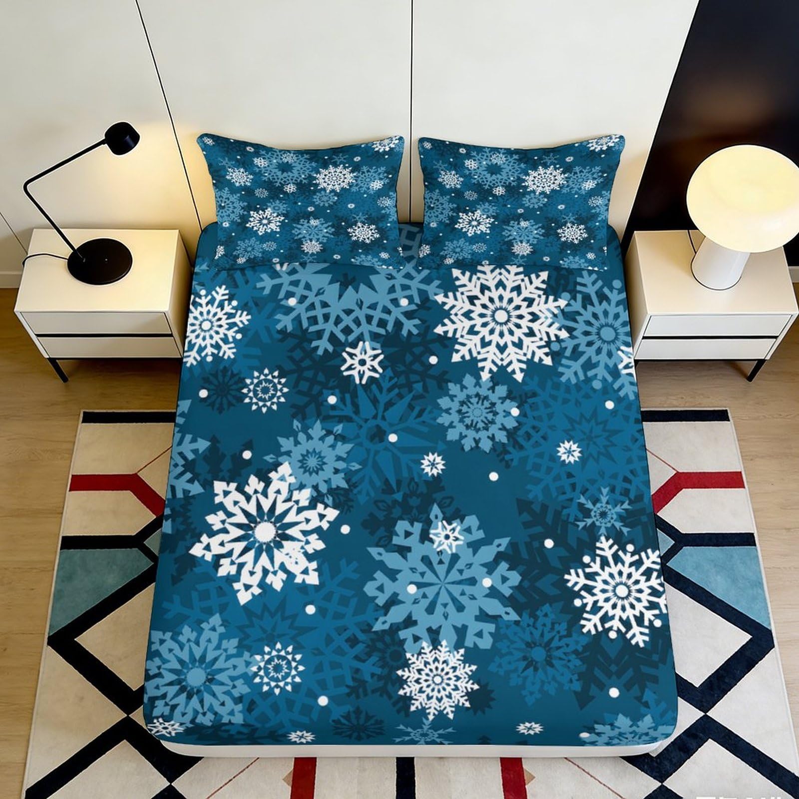 3D Printed Snowflake Fitted Sheet Microfiber Deep Pocket Non-Slip Snowflake Mattress Fitted Cover for Bedroom Bedding Adults Teens 180x200x25cm