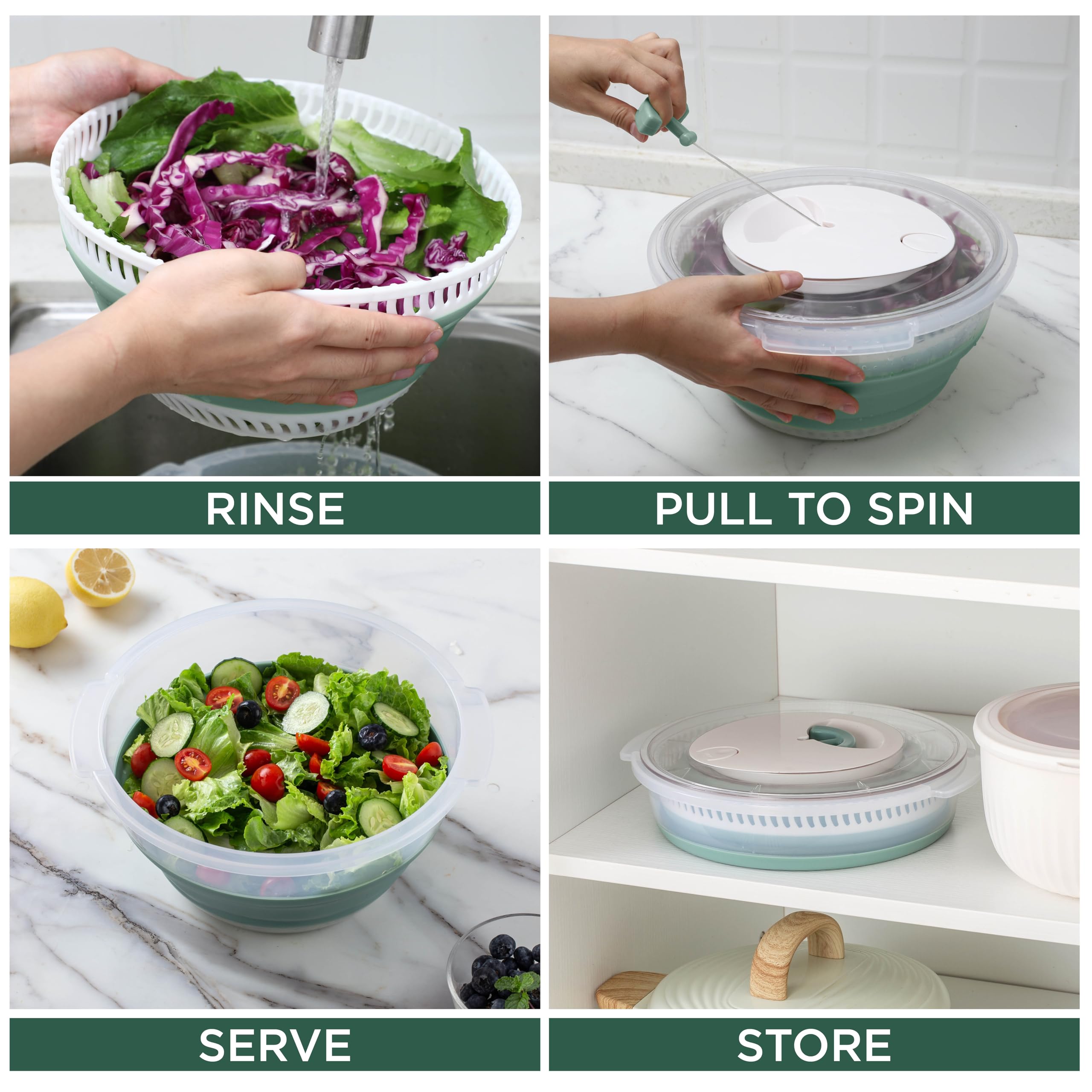 COOK WITH COLOR Zusammenklappbare Salatschleuder, platzsparender Salattrockner mit faltbarem Sieb, ideal zum Waschen und Trocknen von Obst und Gemüse, Salbei, 4 l