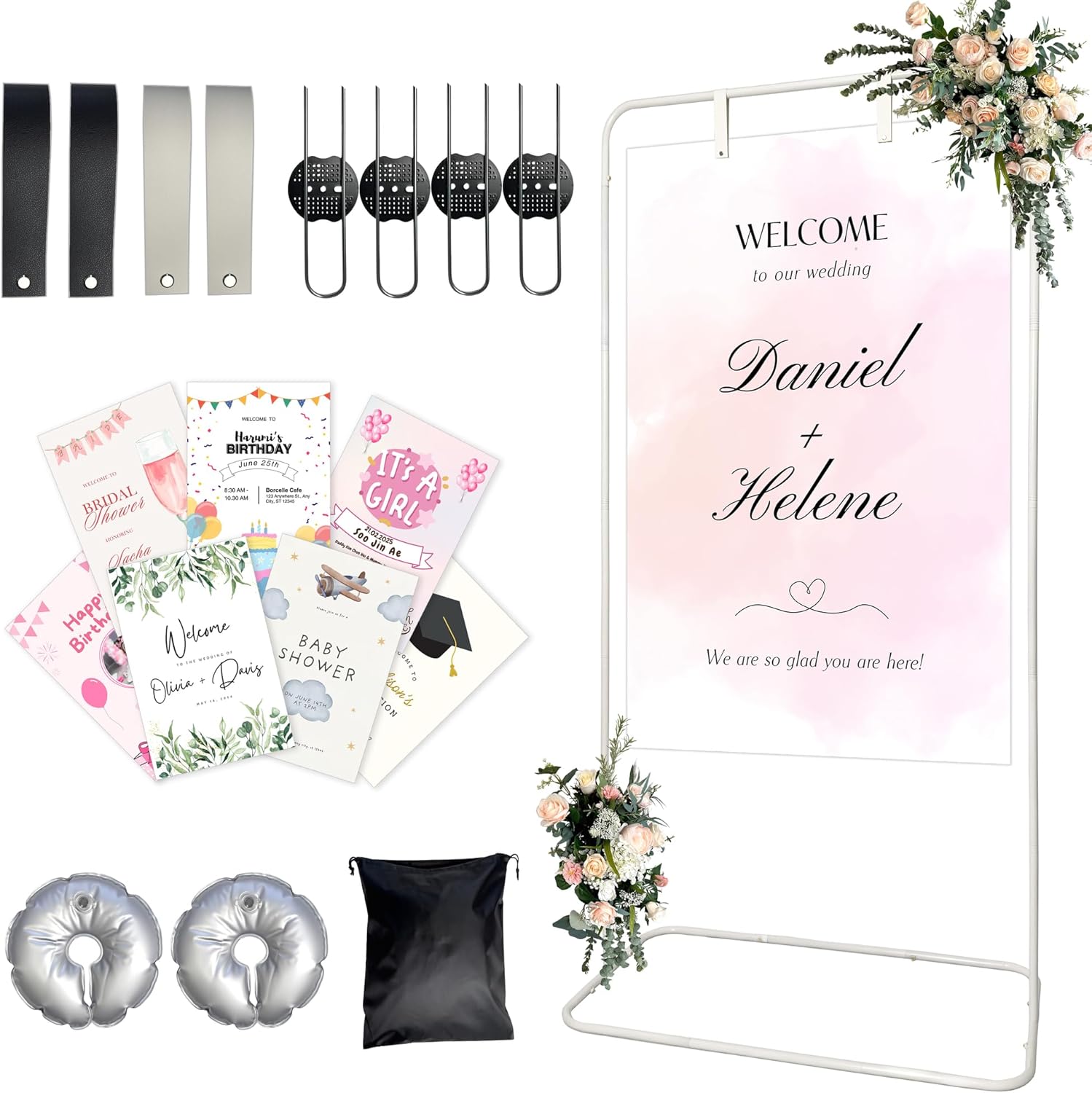 Large Wedding Welcome Sign Stand, Adjustable Height (78", 64", 50"),White hanging sign holder With Design Bundle & Ground Stakes & storage bag,Linen Sign Stand