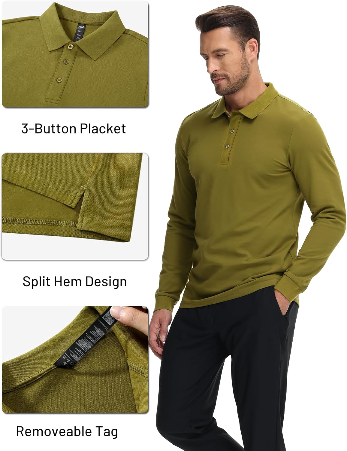 MIER Polo Shirts for Men Cotton Long Sleeve Golf Tennis Collared Shirt for Casual Work Travel, 3 Buttons, Ultra Soft - Image 4