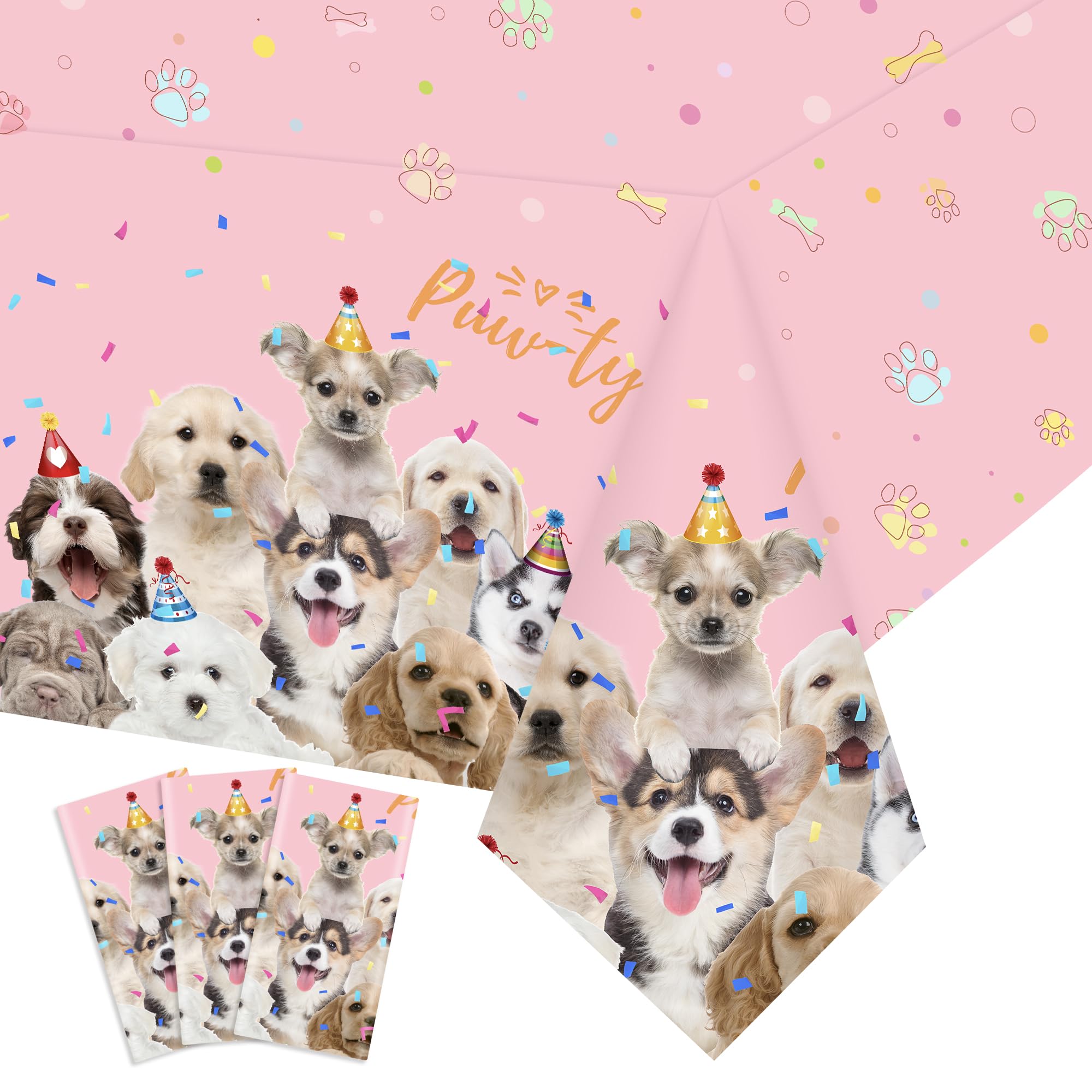 SKEPHWSKA 3 Pack Dog Tablecloth - 54 x 108 Inch Plastic Tablecloth for Puppy Birthday, Baby Shower, Kids Party Decorations - Pink