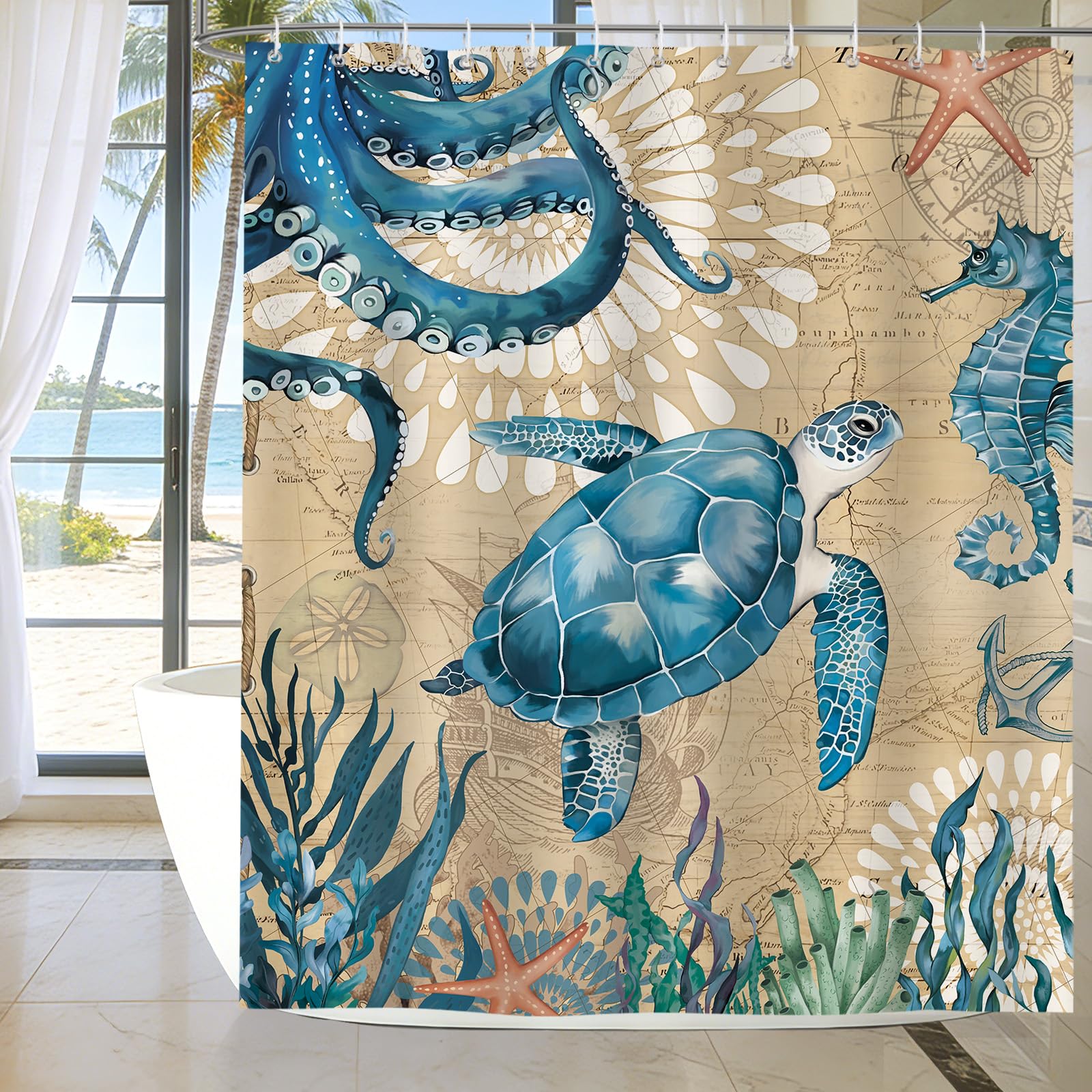 hometrixx Nautical Sea Turtles Ocean Octopus Seahorse Shower Curtain 72X72