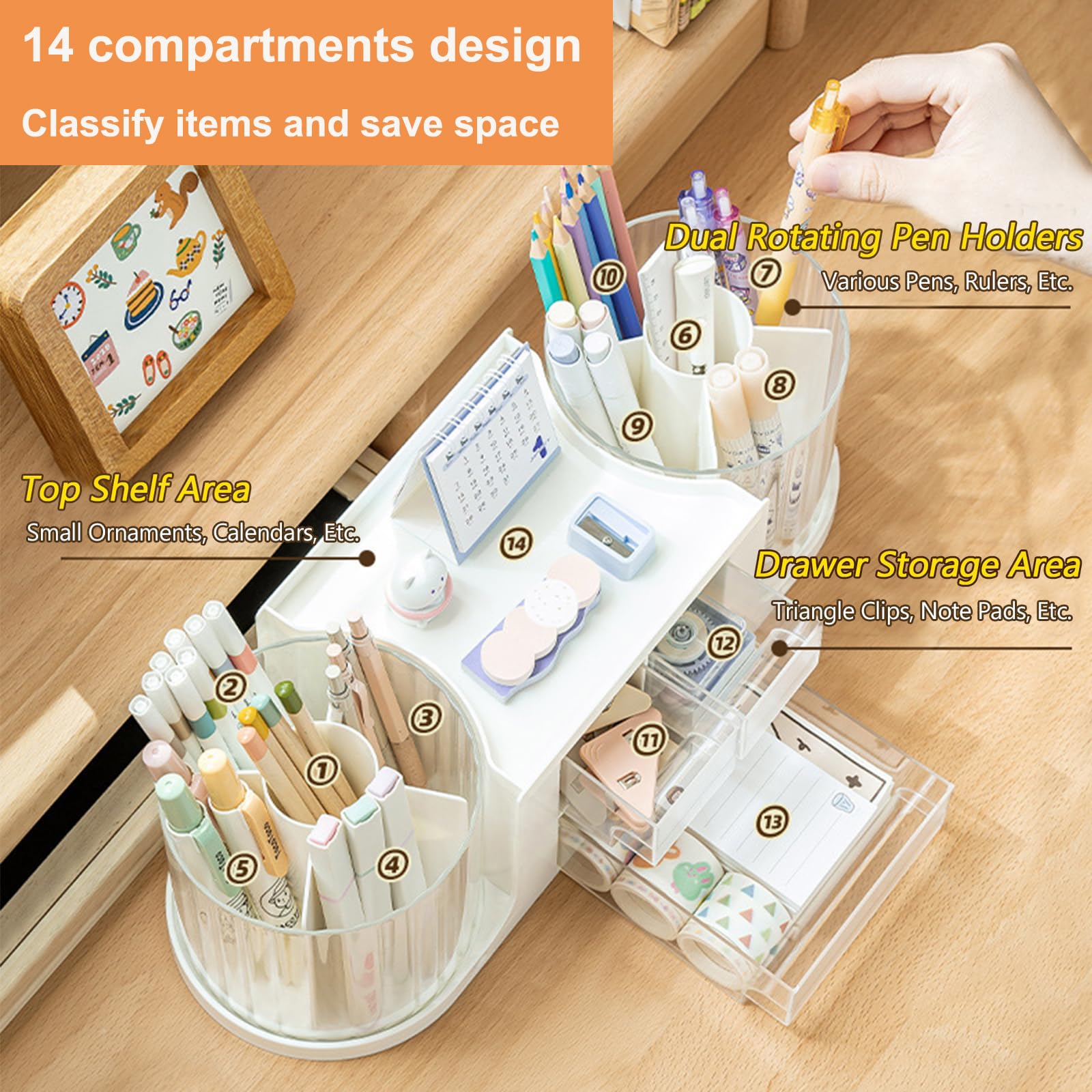 Organiseur de Bureau Rotatif à 360 Pot à Crayon Rotatif 14 Compartiments Porte Stylos de Bureau Faire Tourner Pot Crayon Rangement Stylo Pour Papeterie Maquillage L'artisanat (Rose)