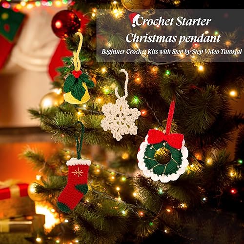 Miniatura 7 de Noocro Kit completo de ganchillo para manualidades, adorno de Navidad, corona, campana, copo de nieve para principiantes con hilo premium,