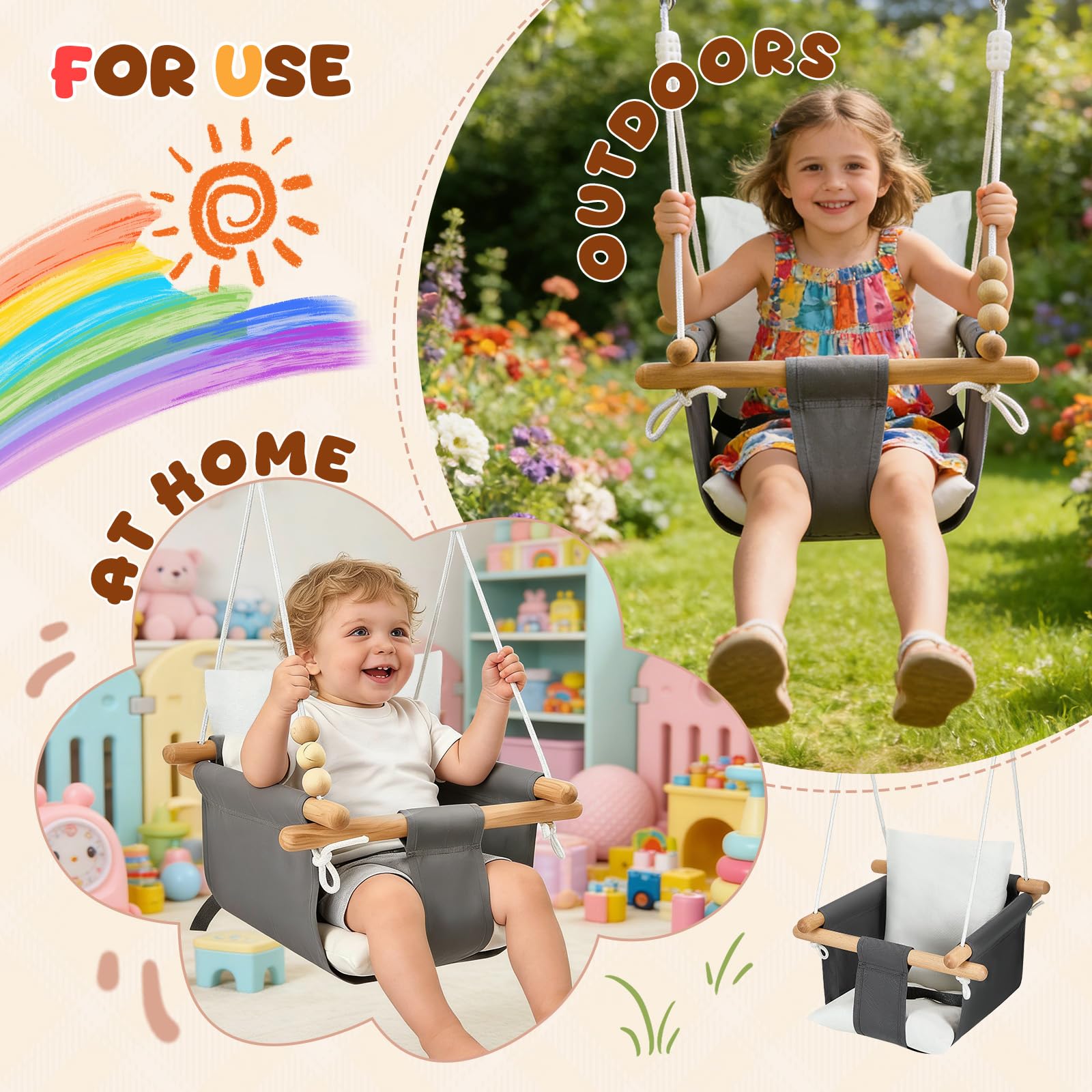 Altalena per bambini a partire dai 6 mesi e dai 3 anni in su, set completo con sospensione per interni ed esterni (2)