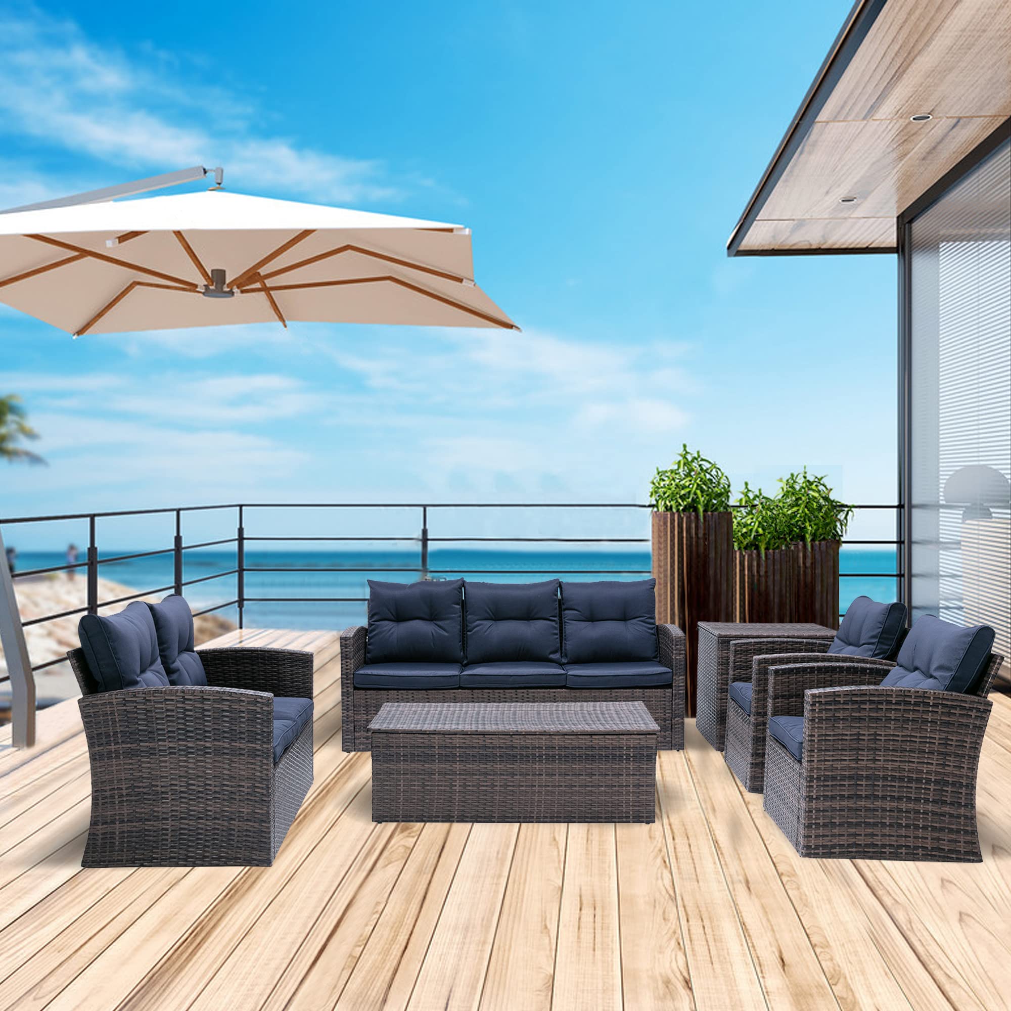 DHHU 6 PCS Rattan Sectional Table with Storage, Patio Wicker Furniture, Sofa Set, Navy Blue