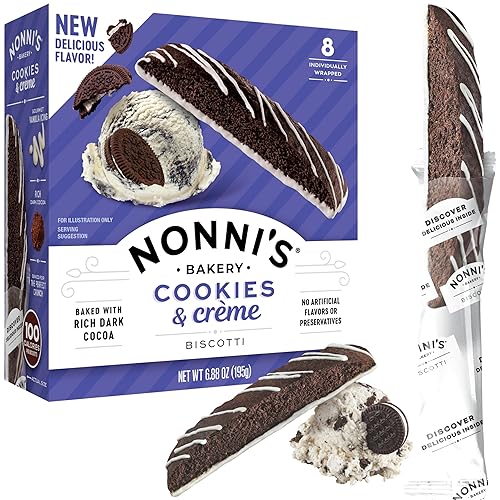 Nonni's Cookies & Crème Biscotti, rica galleta de cacao oscuro con glaseado de vainilla, 8 bocadillos de panadería envueltos individualmente, 6.88