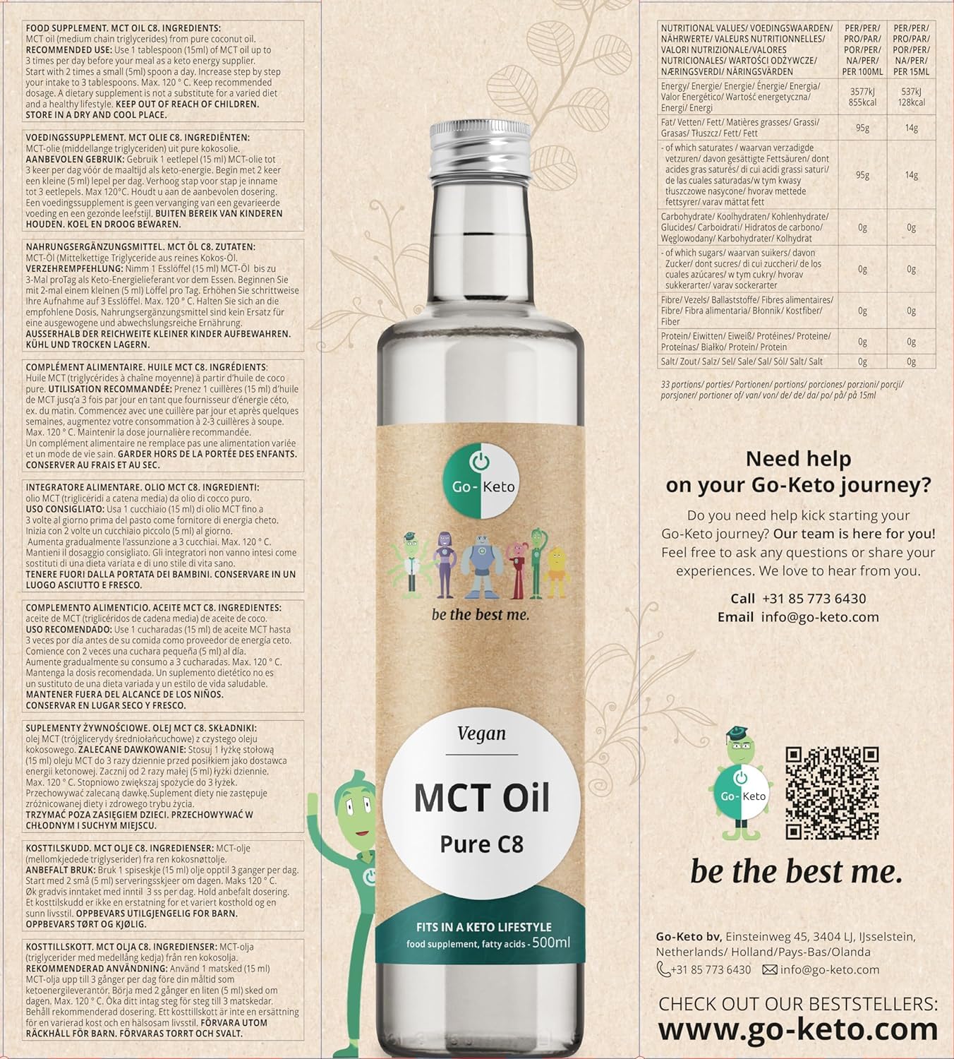 Go-Keto MCT Oil C8, 500 ml - HUILE TCM premium C8, dans bouteille en verre, 100% huile de coco, sans huile de palme, top pour le régime keto, our un bulletproof coffee, Paléo, végane
