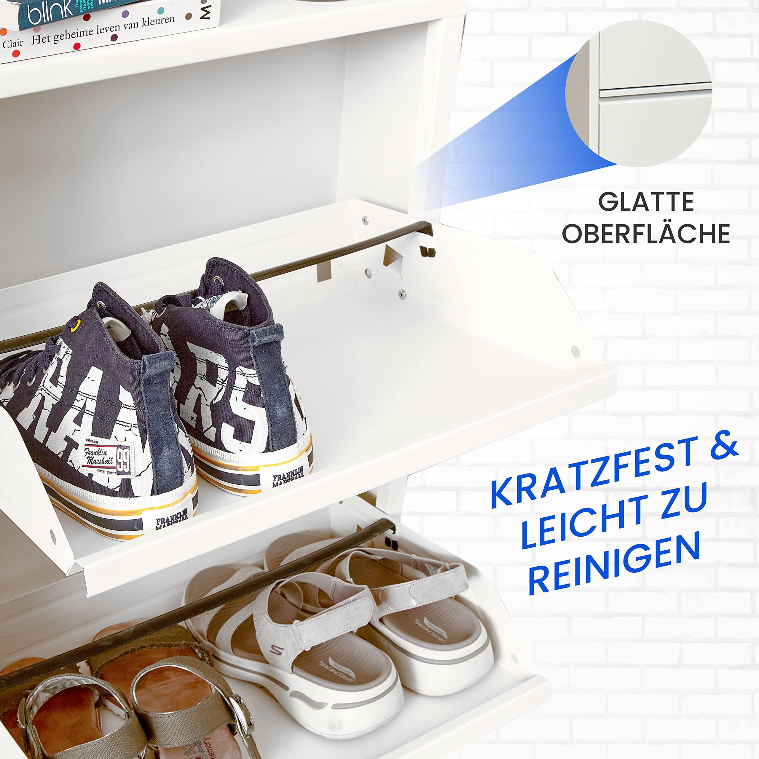 VEEHAUS Schuhregal Metall Schuhschrank Hoch Schuhkipper mit Magnetische Abdeckung Montiert Schmal und Wandmontage (Weiß, 3 Klappen)