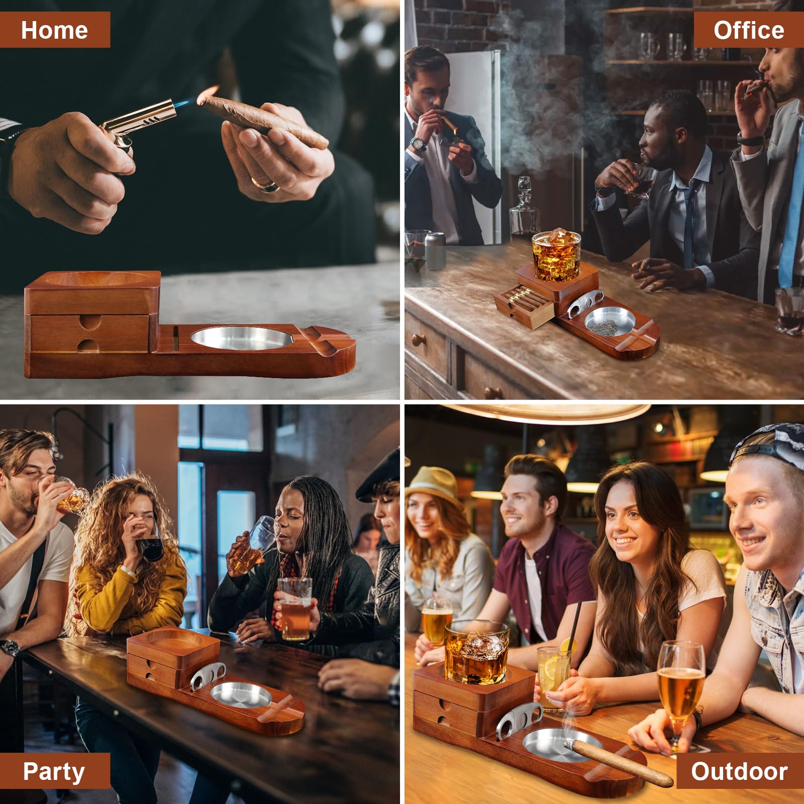 Posacenere in legno per sigari, Posacenere per sigari con vassoio per whisky e porta sigari, accessori per fumatori da uomo, regali per gli uomini per Ufficio e Tempo Libero o bar, compleanno