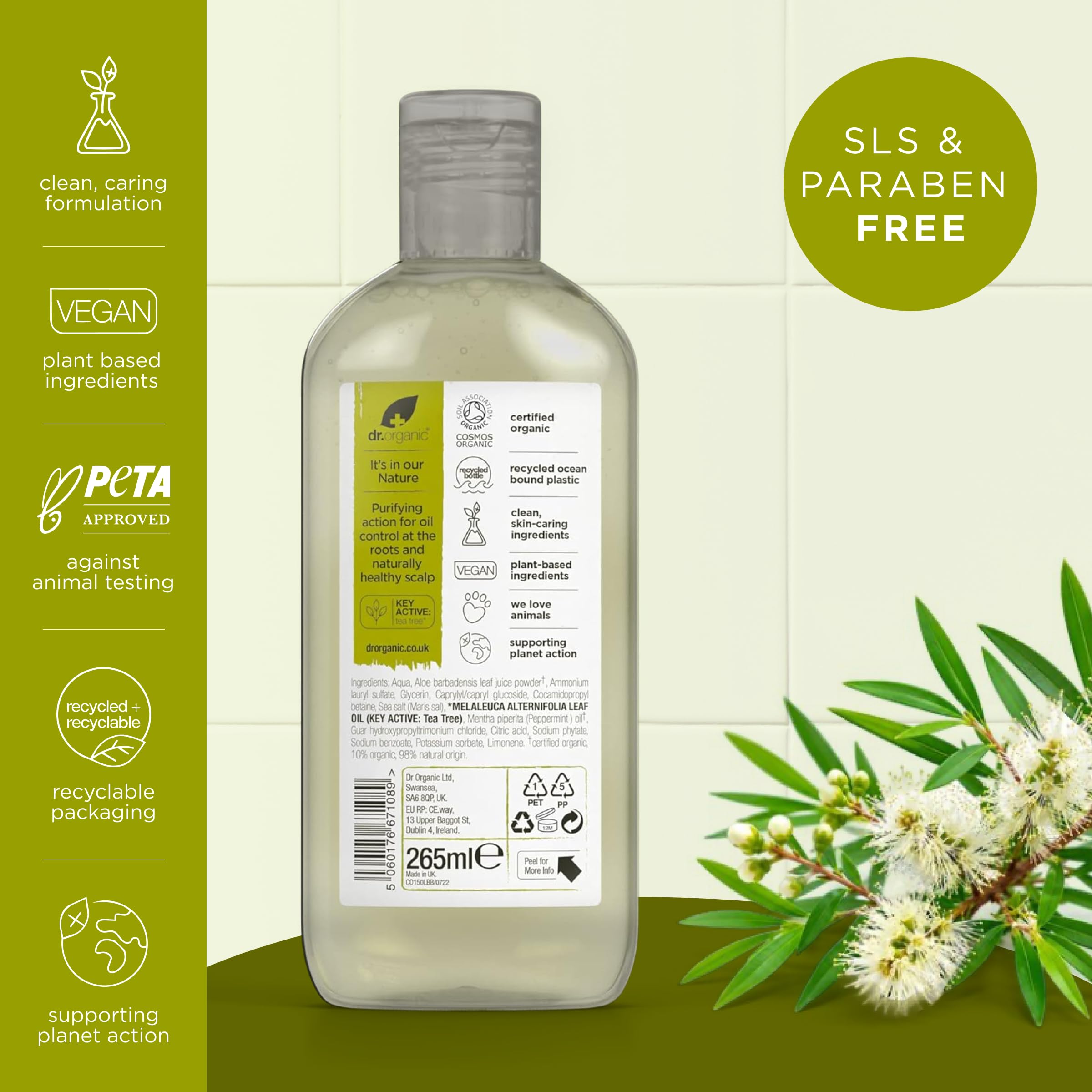 Dr.Organic Tea Tree Szampon, Biały, 265 ml