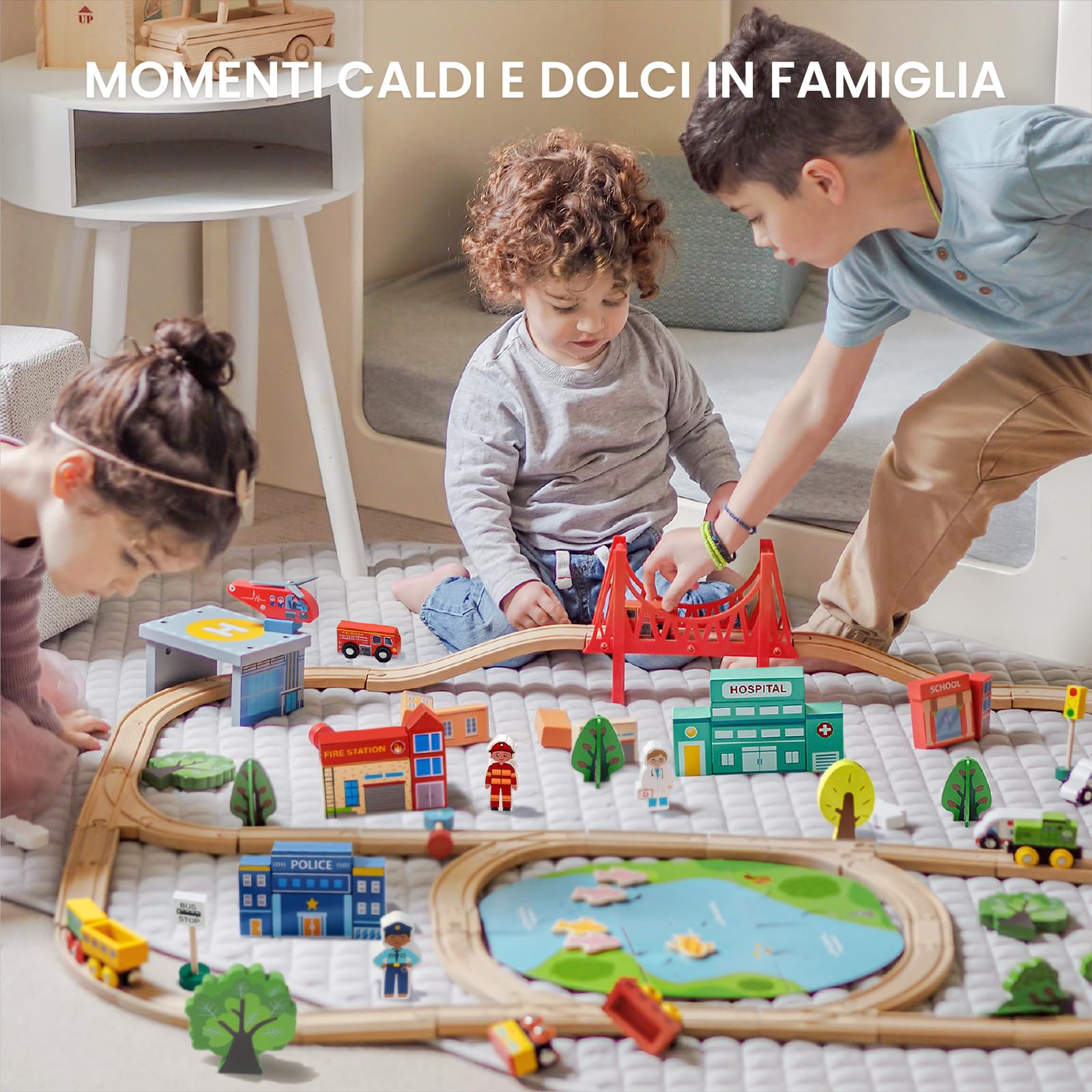 Tiny Land Set ferroviario ferroviario in legno, 110 pezzi, trenino giocattolo per ragazzi e ragazze con binari in legno, giocattolo in legno per bambini e bambini dai 3 ai 7 anni