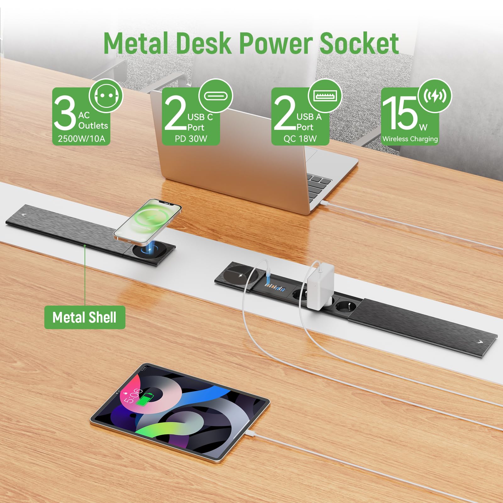 Listwa zasilająca z 3 gniazdami USB C PD20 W, do zabudowy, z USB i bezprzewodową ładowarką 15 W, metalowa pokrywa, wpuszczane gniazdko, do kuchni, biura, czarna, kabel 2