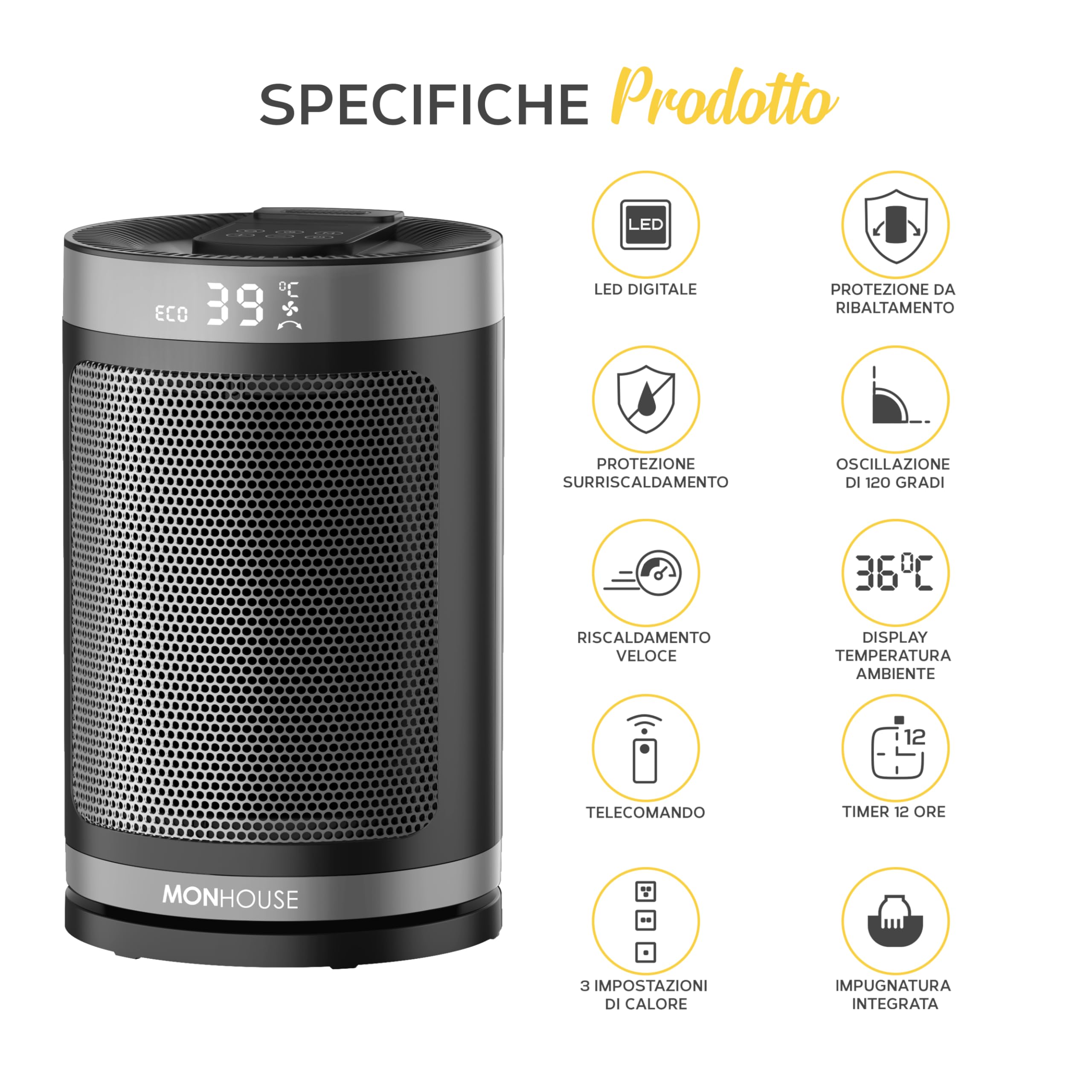 MONHOUSE 120° Riscaldatore Elettrico in Ceramica Oscillante a 120° con Termostato, Timer 1-12 ore, Telecomando, Protezione da Surriscaldamento e Inclinazione, Modalita ECO a Risparmio Energetico