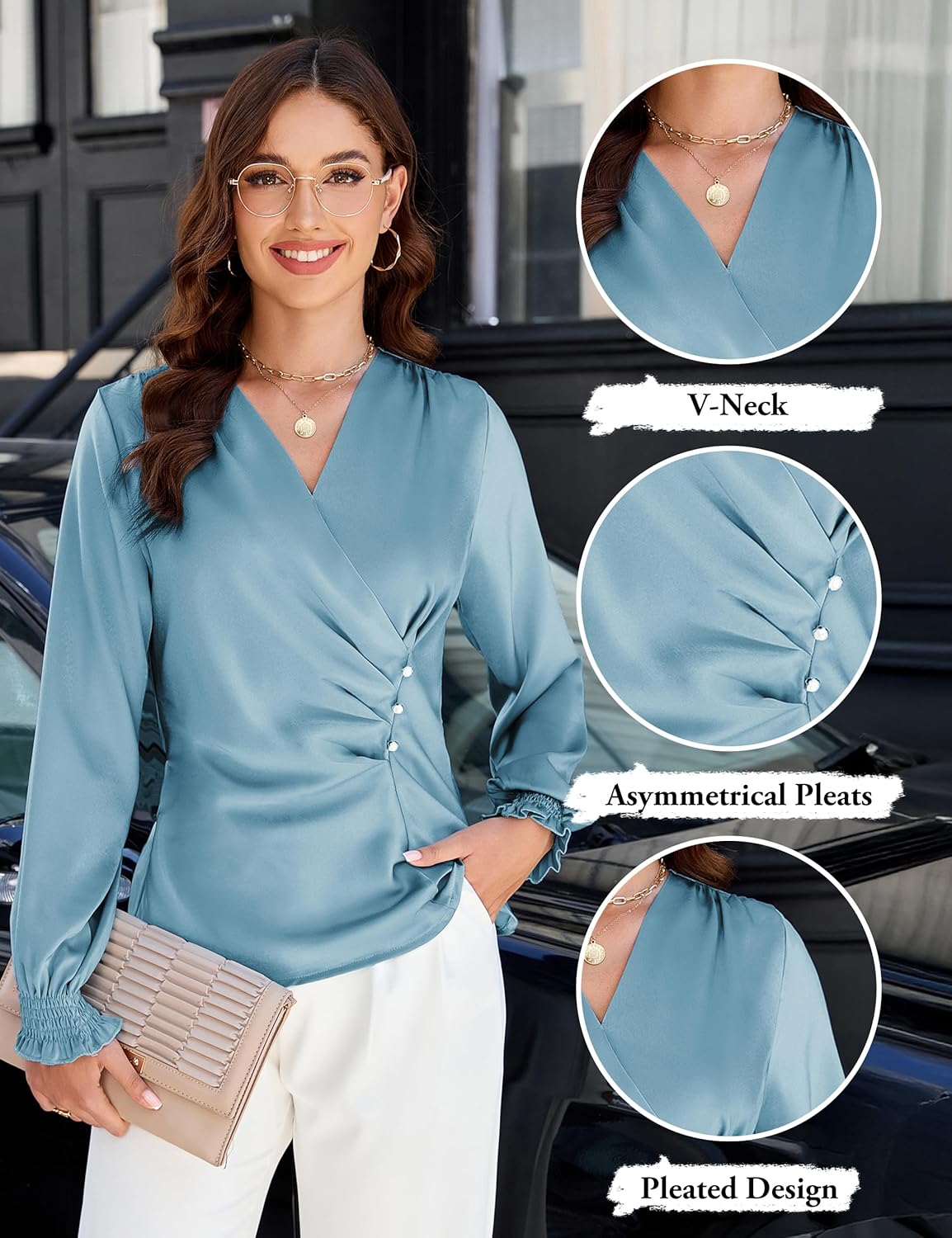 Blooming Jelly Womens Business Casual Blouses Dressy Work Tops Fall Fashion 2026 V Neck Pleated Long Sleeve Shirts - Image 4