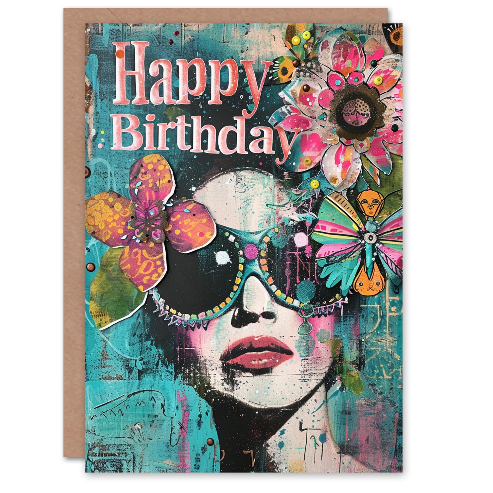Artery8 Birthday Card Floral Spring Vibe Woman Mixed Media Collage For Her Gran Sister Niece Daughter Wife Woman Greeting Card