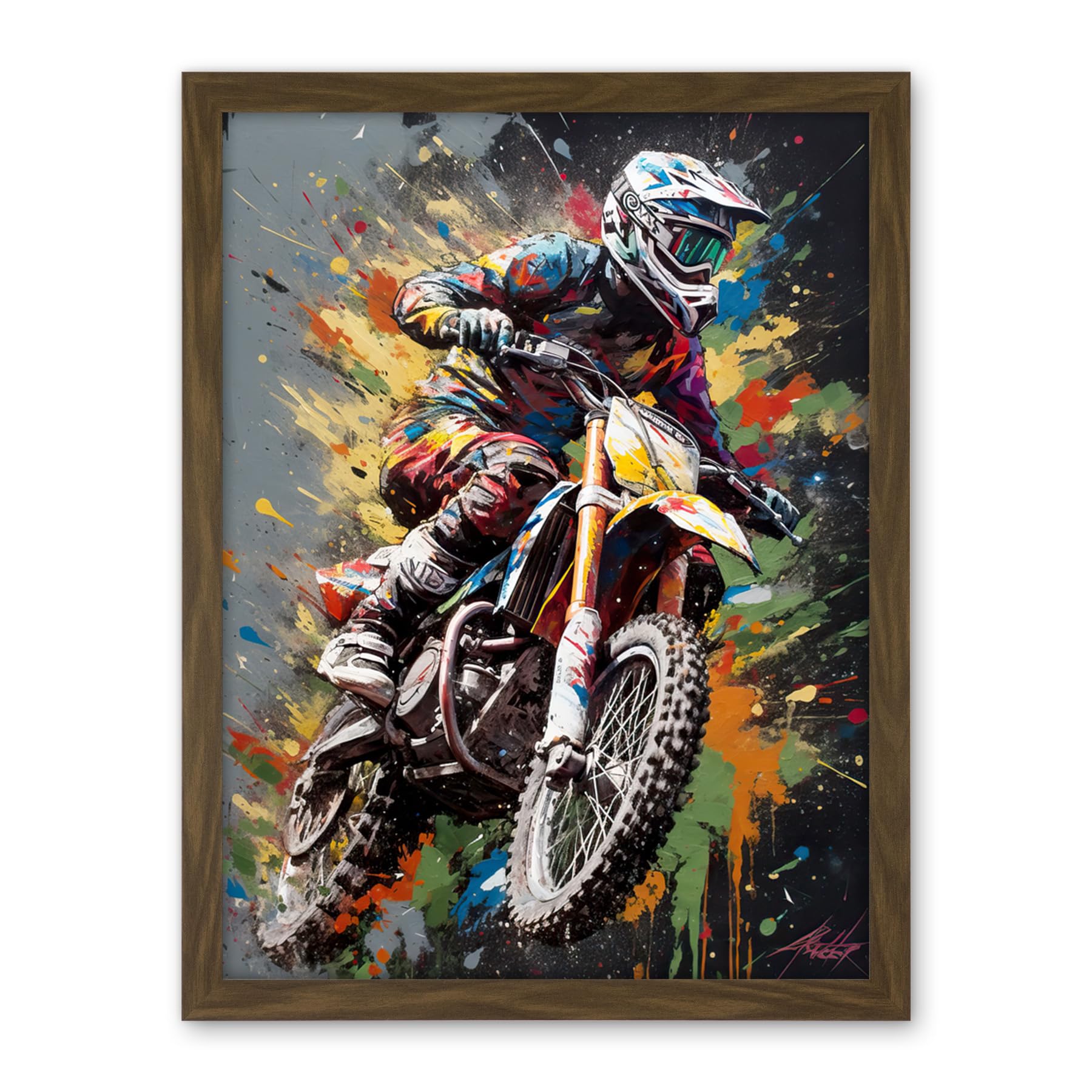 Artery8 Dirt Bike Sport Splatter Paint Motocross Rider Artwork Framed Wall Art Print 18X24 Inch