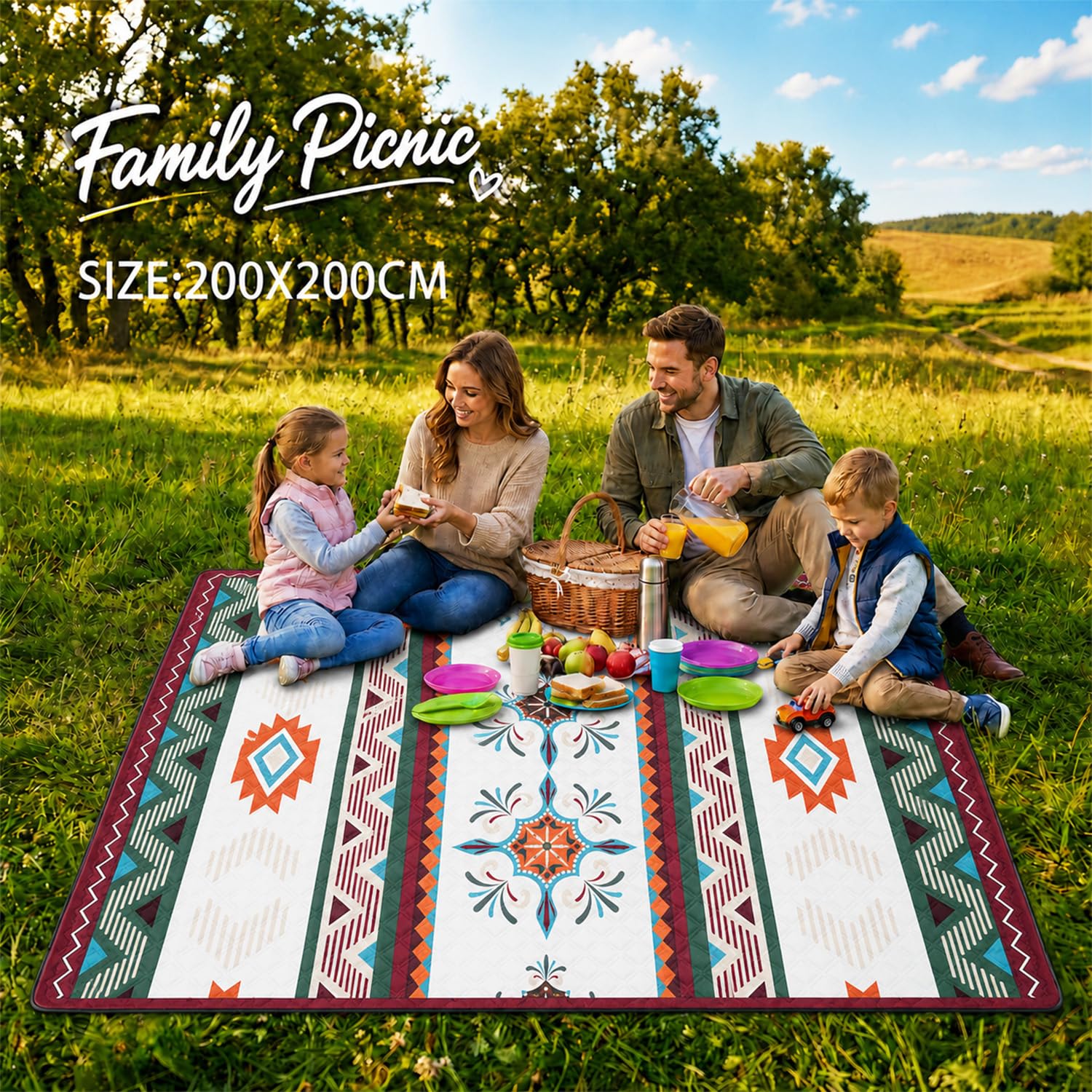Coperta da picnic impermeabile, 200 x 200 cm, senza sabbia e lavabile, imbottita e portatile, grande per spiaggia, barbecue, escursioni, campeggio, coperta da picnic (Boho)