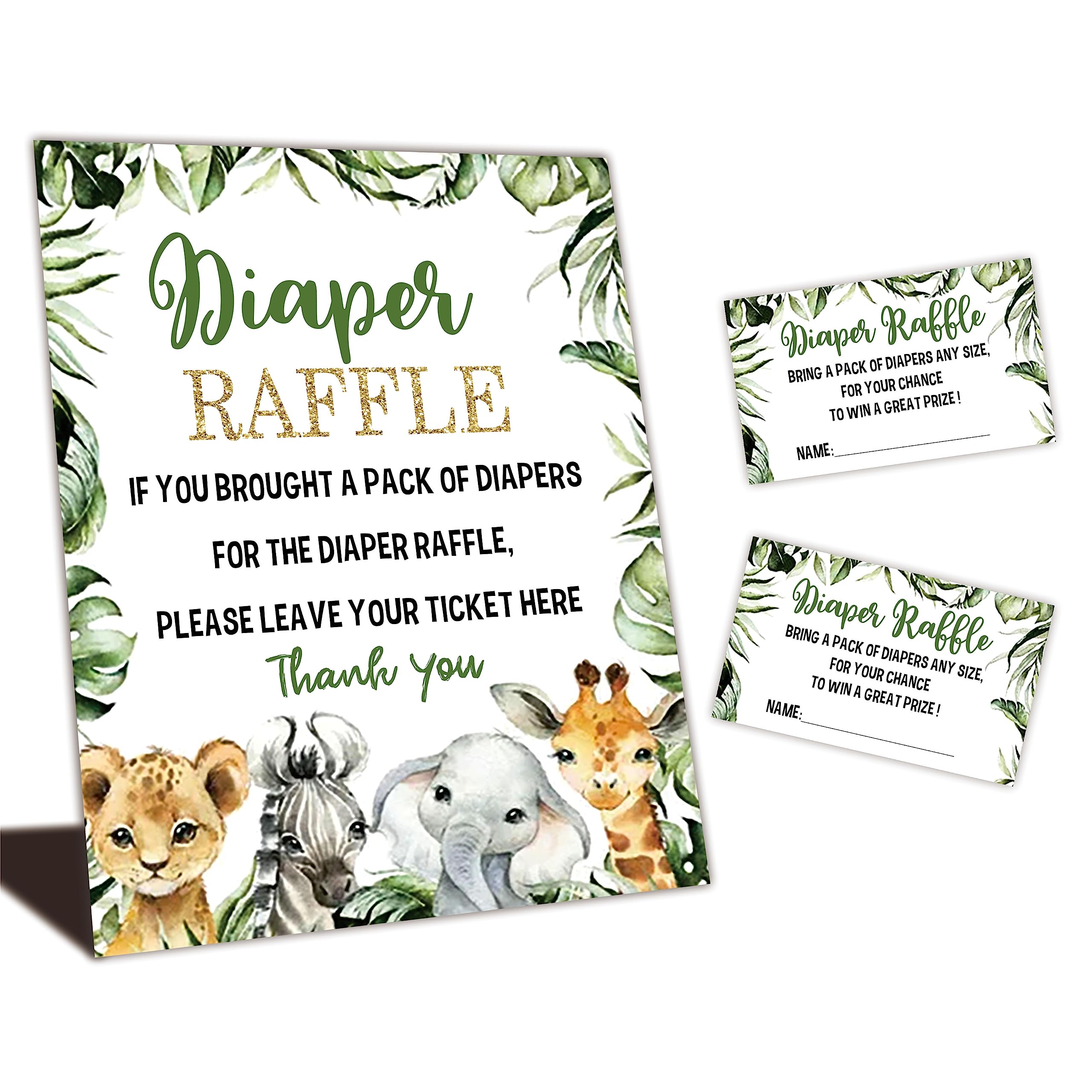 GREOXG Baby Shower Games - Baby Shower Diaper Raffle Set - Greenery Floral Safari Theme - 1 Standing Sign & 50 Tickets - Gender Reveal Party