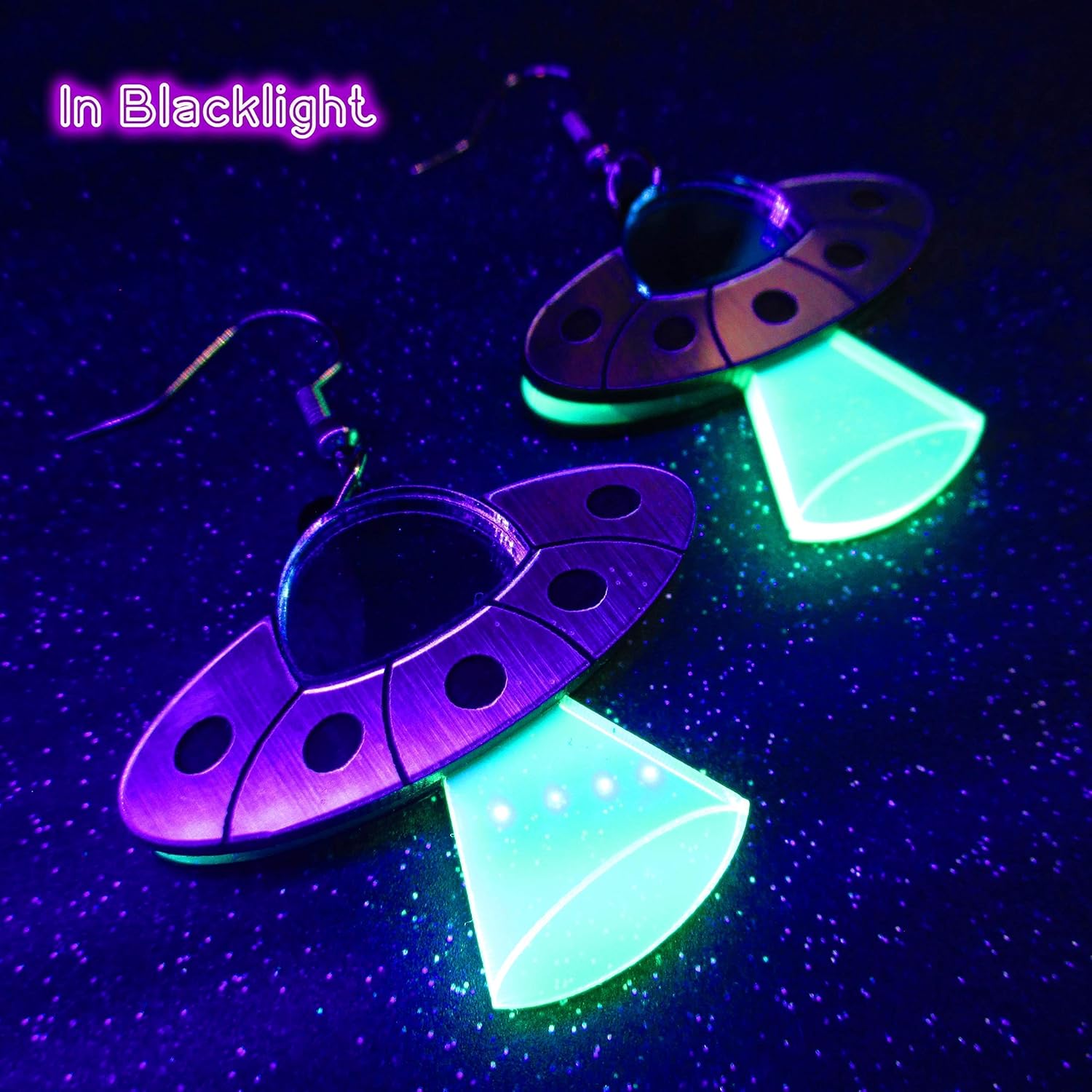 It's Just So You ~ UFO Alien Abduction Nickel Free Rave Earrings, Quirky Black Light Glow Flying Saucer Space Dangle Earring Jewelry