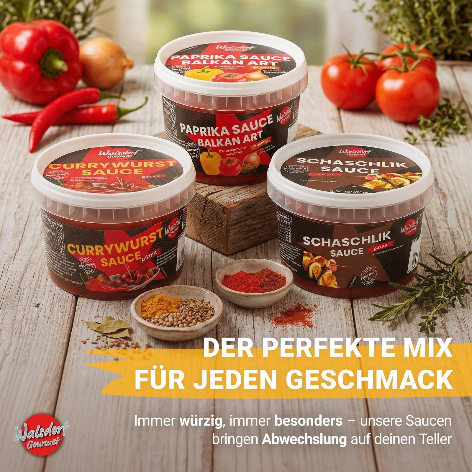 Walsdorf Gourmet Currywurst Sauce pikant - 3 x 500 g Schale - Currysauce mit milder Schärfe & Tomatenmark - Ohne Geschmacksverstärker & künstliche Zusätze - Vegan - Manufakturqualität vom Niederrhein