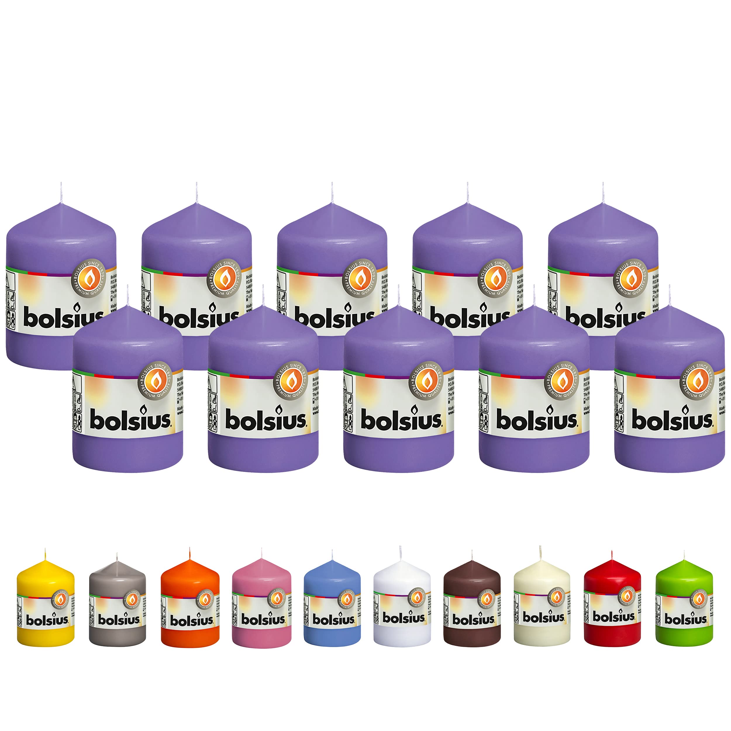bolsius 10 purple pillar candles - 2.25 x 3.25 inches - premium european quality - individually wrapped - 17 hour burn time - dripless smokeless unscented dinner, wedding, party, & restaurant candles