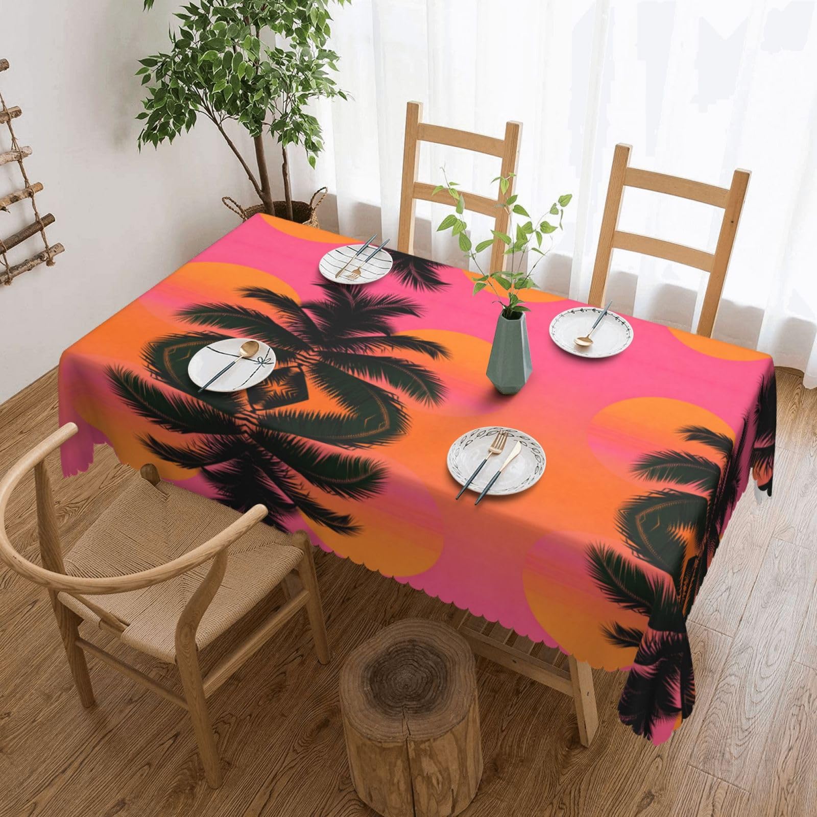CNTDBU Palm Sunset Silhouette Scalloped Edge Tablecloth 54x72-Waterproof Stain Resistant Wrinkle Free Cover, Square Table Cloth for Dining Party