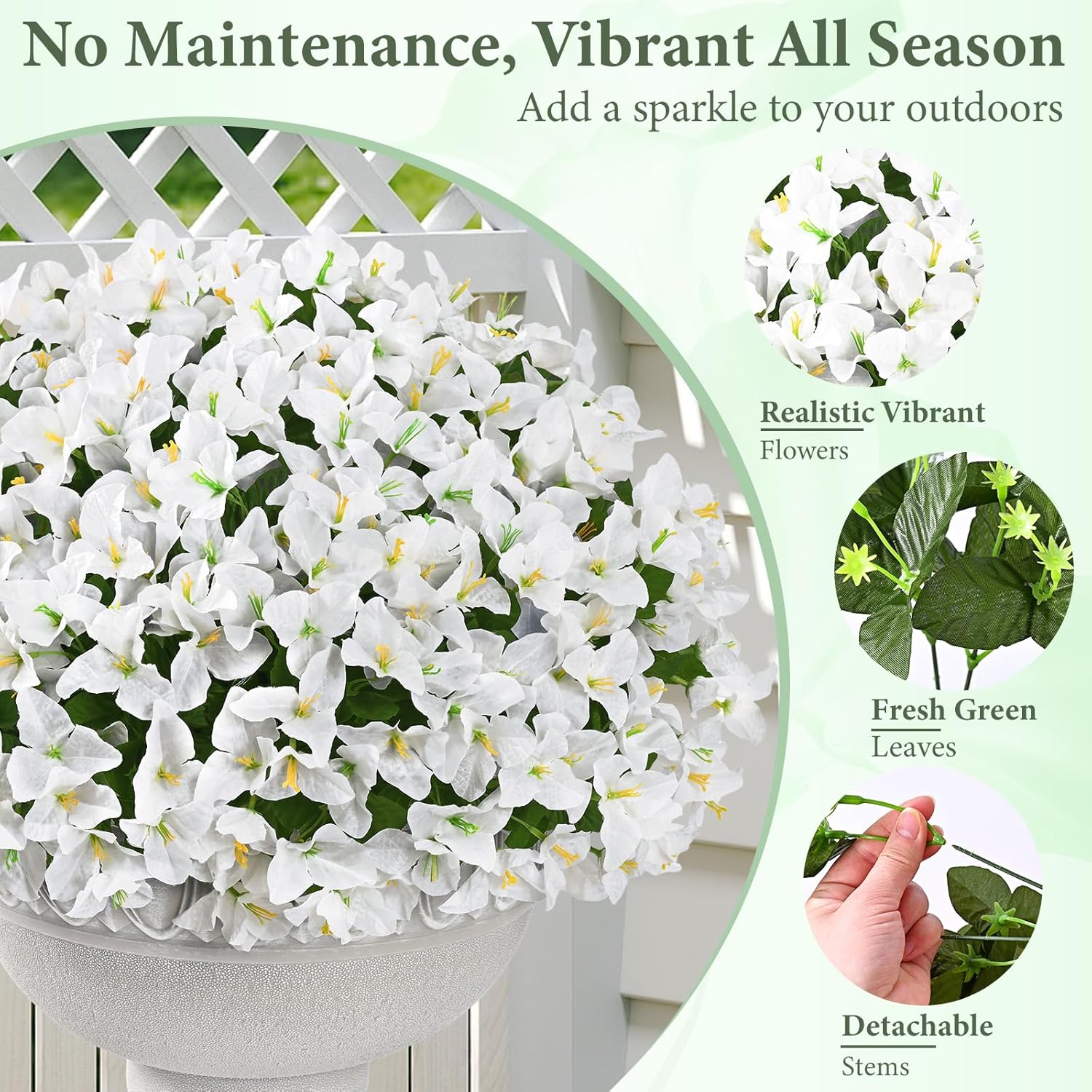 Yastouay 16 Bundles Artificial Flowers for Outdoors, Realistic Bougainvillea Fake Flowers for Outside, UV Resistant Silk Outdoor Faux Plants for Porch Patio Planter Front Door Garden Decor(White)