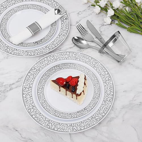 Miniatura 8 de Goodluck 350 Piece Rose Gold Plastic Dinnerware Set for 50 Guests, Disposable Lace Plates for Party, Include 50 Rose Gold Party Plates, 50 Dessert