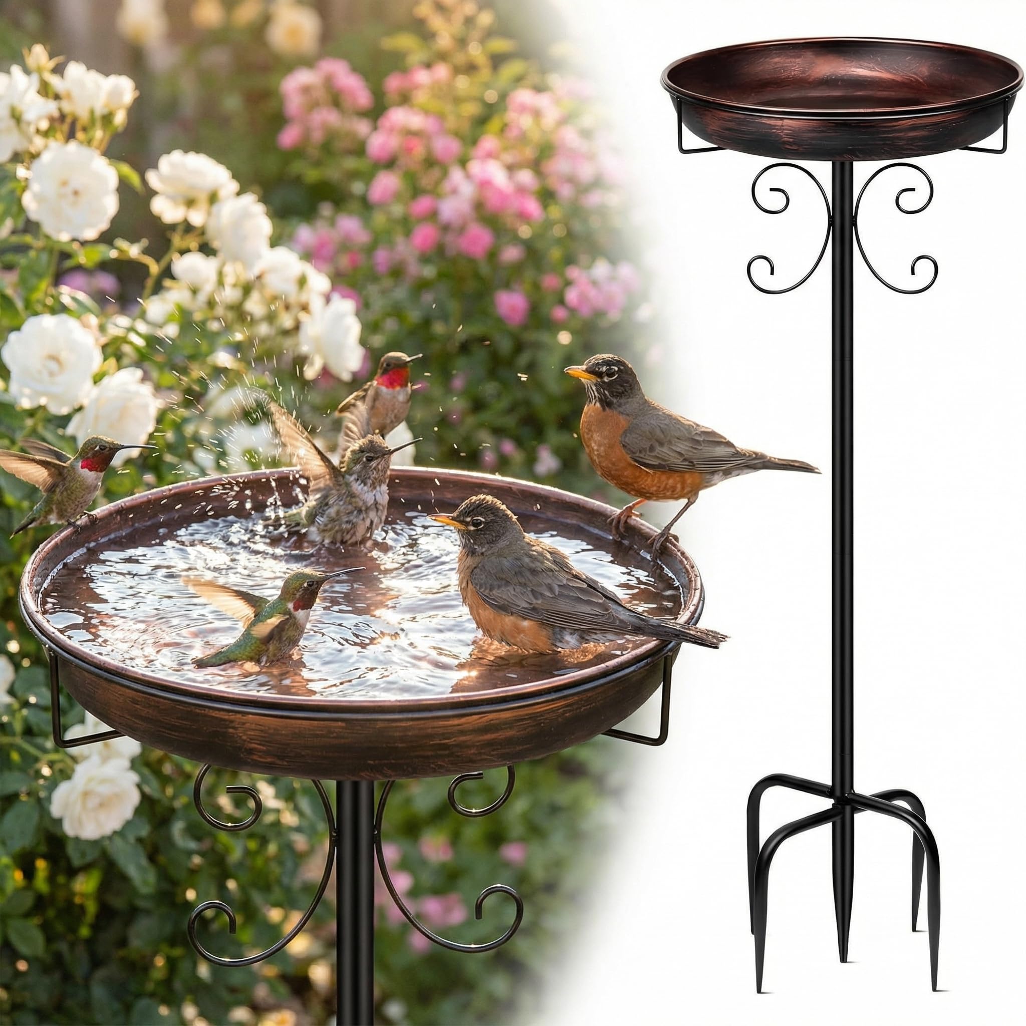 Vogeltränke Stehend,Vogelbad für Draußen Garten auf Stab,35In Vintage Metall Vogelbecken, Vogelbad frostsicher aus Gusseisen,Vogelbecken Wassertränke für Wildvögel, Winterfest Futter Wasserschale