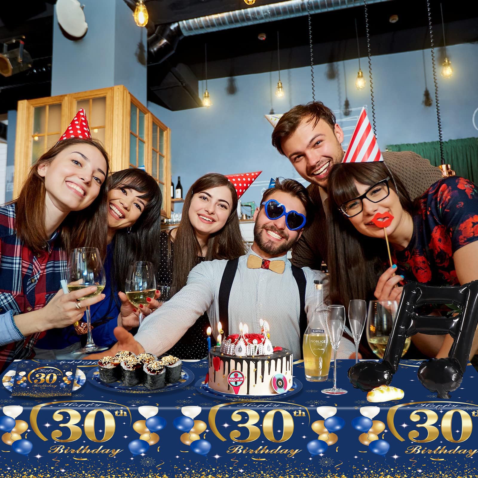 Tovaglia Compleanno 30 Anni - 137x274cm Blu E Oro, Impermeabile E Riutilizzabile - Foto 3