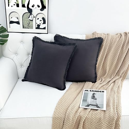 Miniatura 9 de Juego de 2 fundas de almohada decorativas blancas de 18 x 18 pulgadas, fundas de almohada modernas de granja con borlas de flecos, fundas de