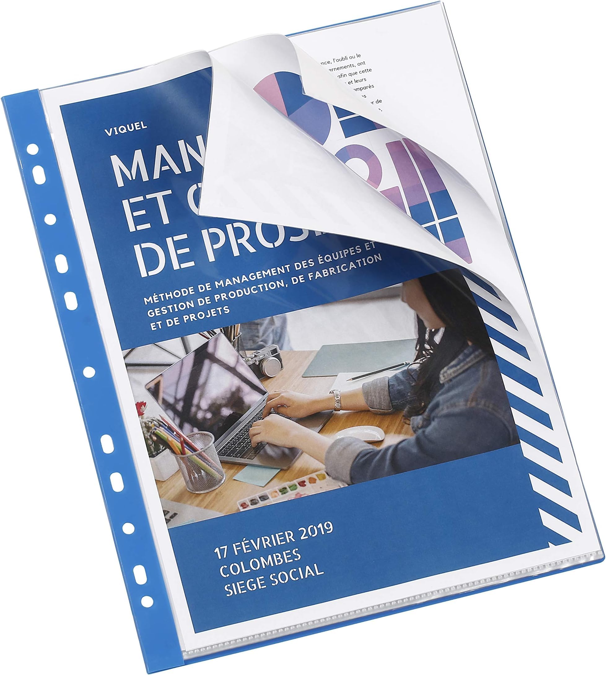 Viquel - Pochettes perforées reliées pour classeur A4 - Bleu (Lot de 6)