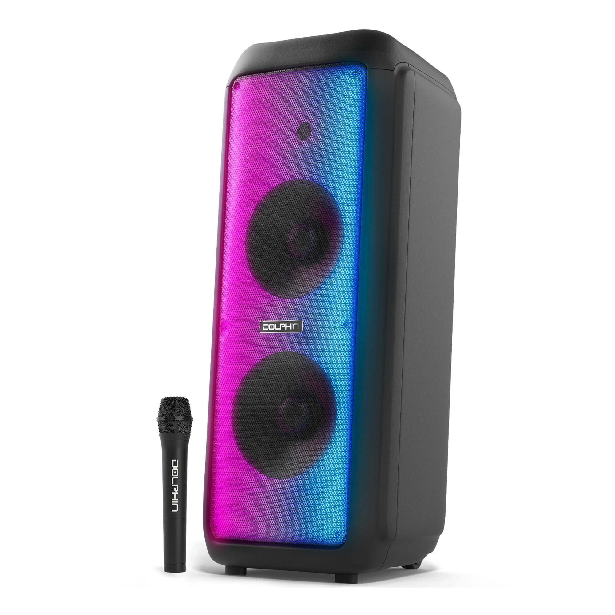 DolphinHigh Power Rechargeable Party Bluetooth Speaker - Powerful Sound, Loud, DEEP BASS, LED Display, Bluetooth, USB, SD, FM, AUX, Includes Wireless Mic