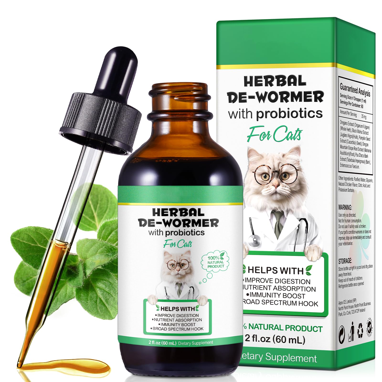 ZIXAOK Wurmkur für Katzen 60ml，Wurm Kraut Liquid Tropfen,Fördert Die Darmgesundheit, Immunitätsschub, Anti-Parasiten, Natürliche Katzenwurmer Tropfen, Geeignet für alle Katzen