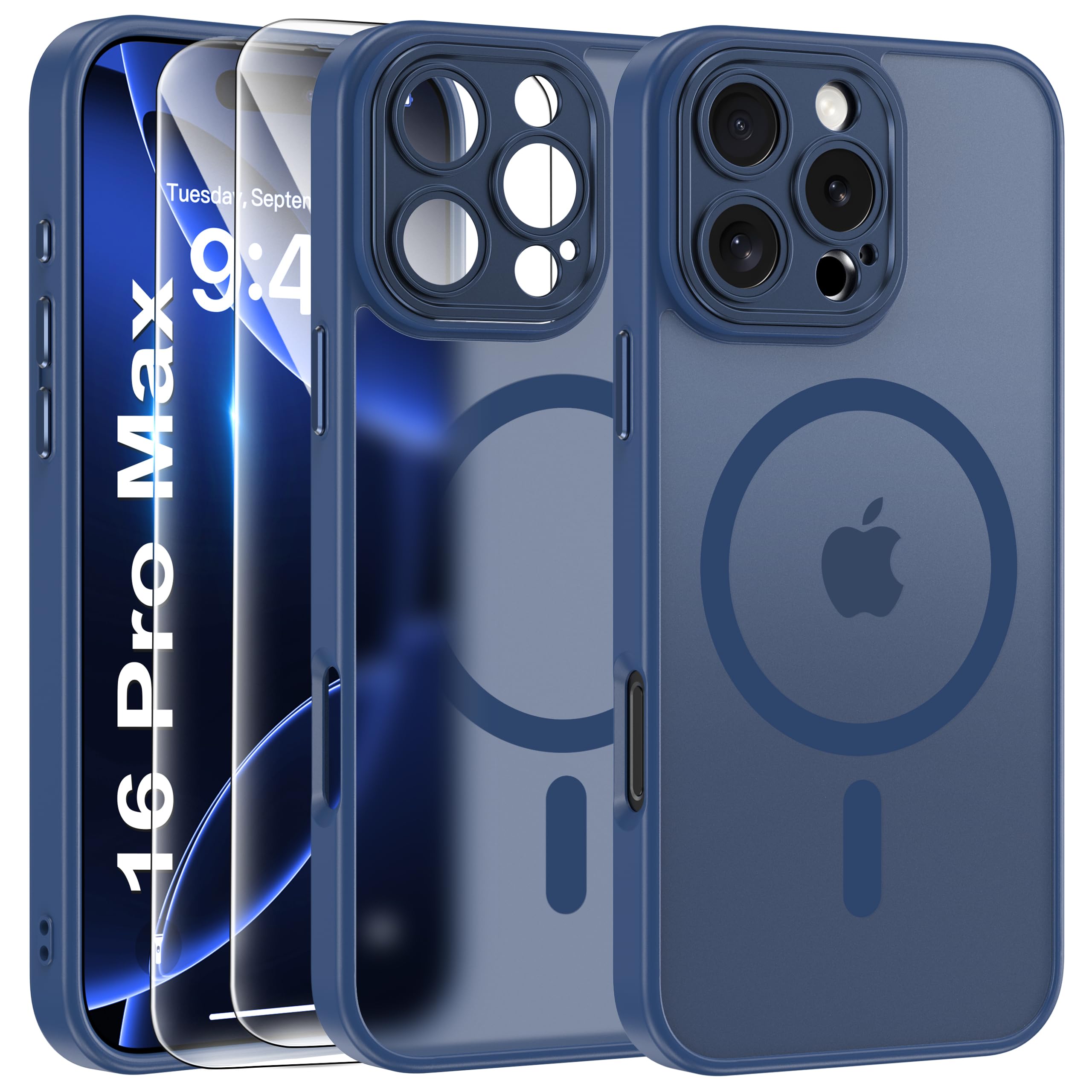 FLLAO Cover Magnetica per iPhone 16 Pro Max Custodia e 2 Pellicole in Vetro Temperato, Cover iPhone 16 Pro Max Compatibile con Magsafe, Traslucida Sottile Antiurto Protettiva Case, Blu Tempesta