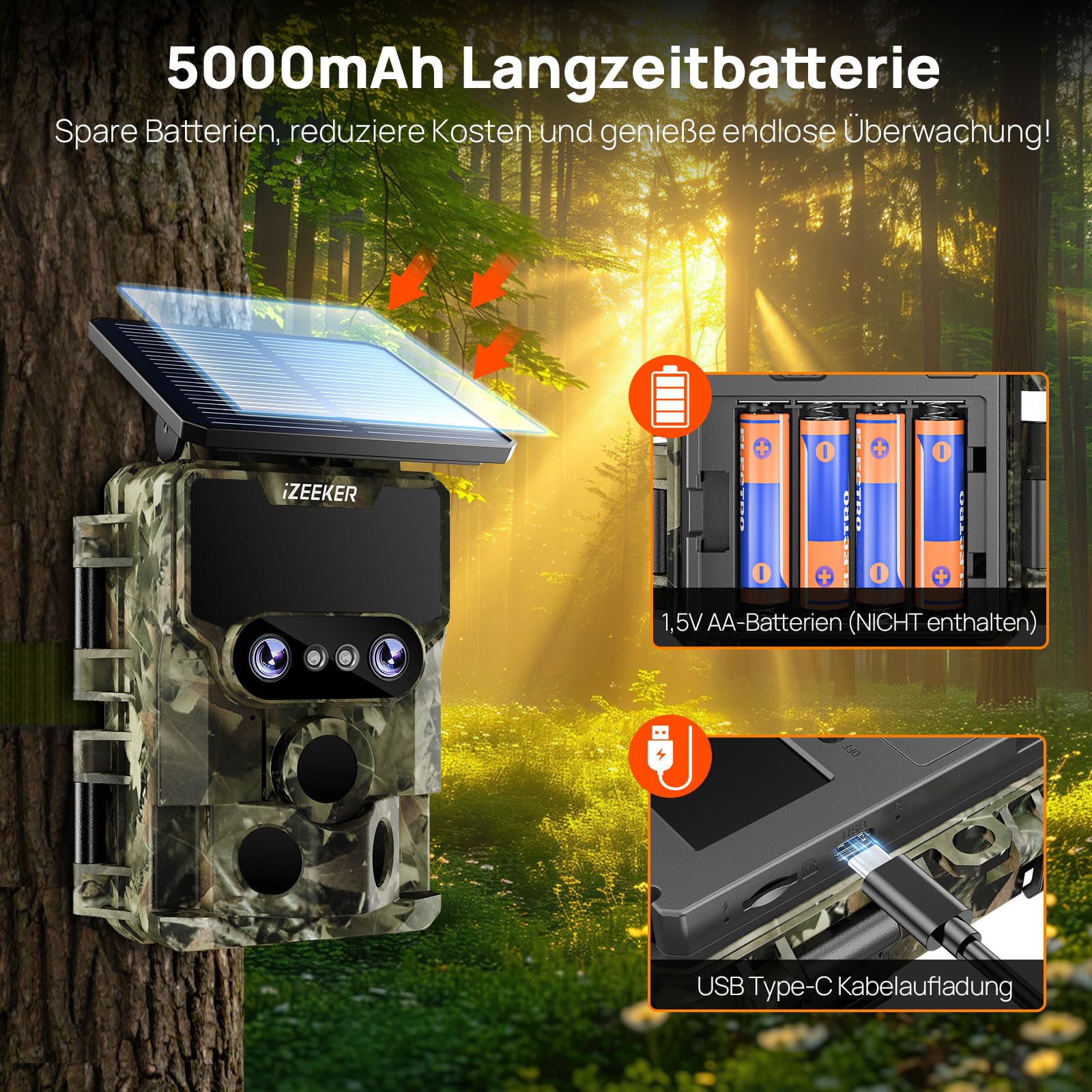 iZEEKER Wildkamera WLAN Duales Objektiv 4K 30fps 60MP, Wildtierkamera mit Sternenlicht Nachtsicht Bewegungsmelder, 120° Erfassungswinkel 0,1s Auslösezeit, Wildcamera mit 32GB SD-Karte und 4 Batterien