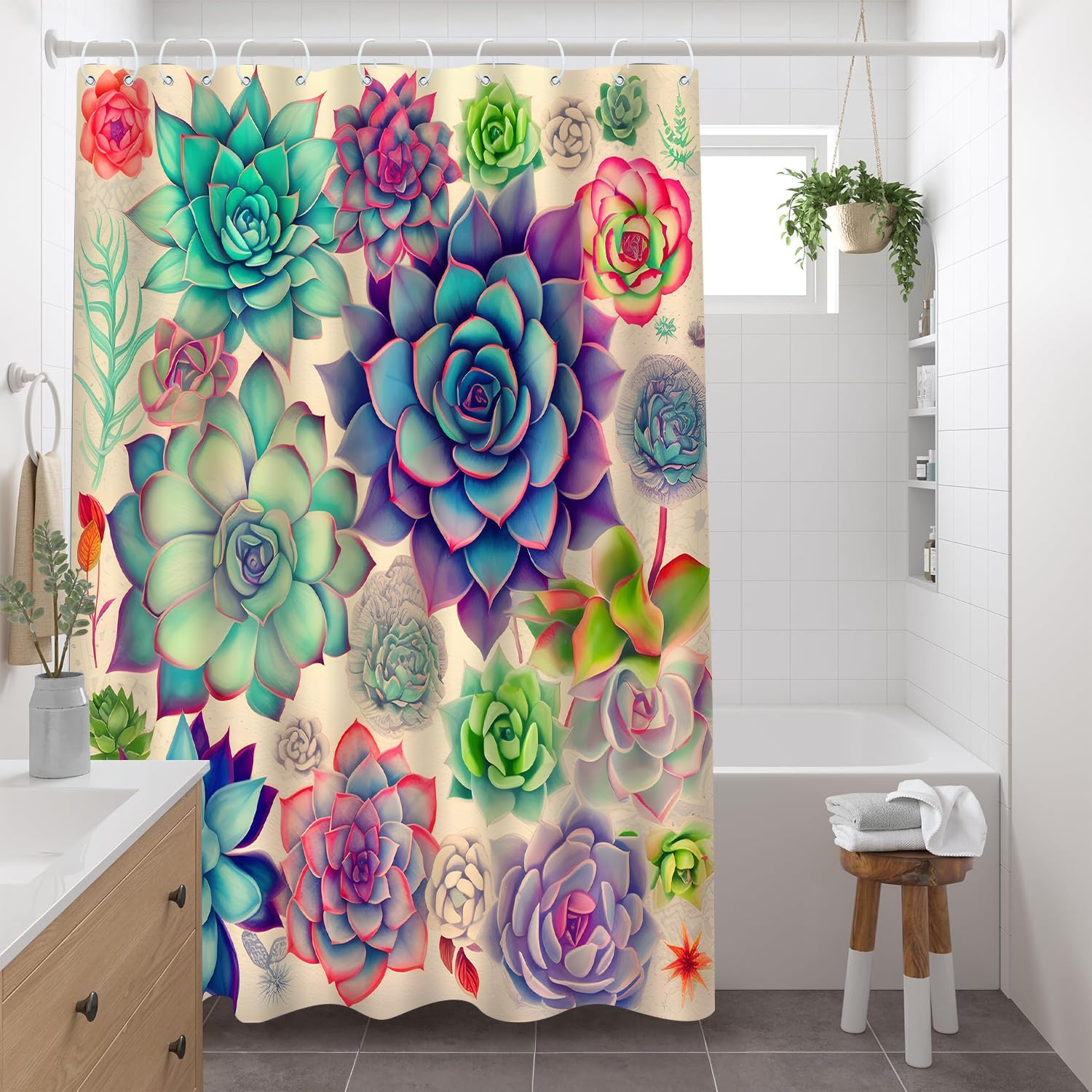 Boho Cactus Floral Shower Curtain Tropical Plants Colorful Succulent Beautiful Flower Retro Bathroom Decor Set Bathtub Home Accessories Fabric Polyester with Hooks 90Wx70H Inch