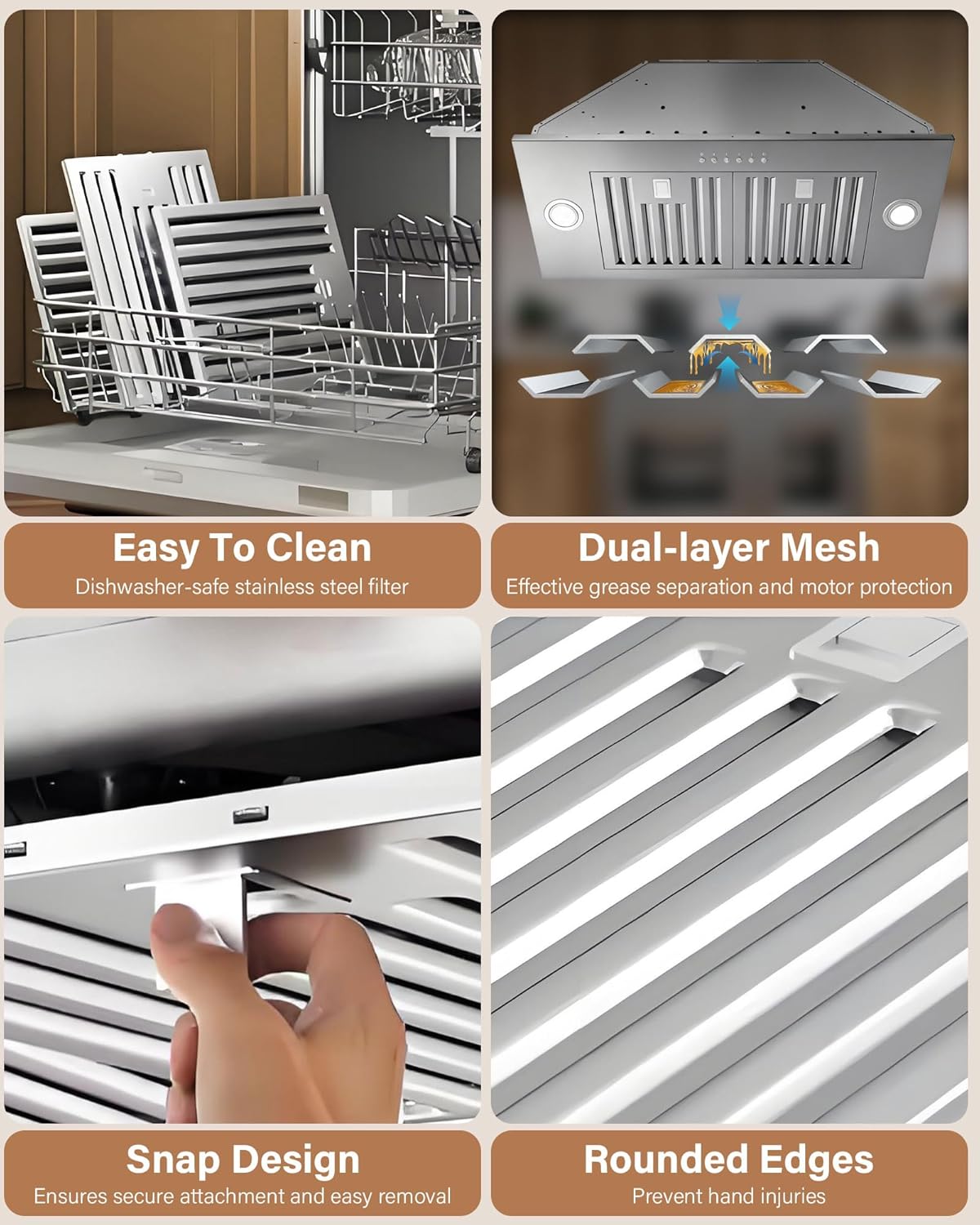 36 inch Stainless Steel Insert Range Hood - 900 CFM, Ultra-Quiet 4-Speed Vent, Button Control, LED Lights, Ducted/Ductless Convertible