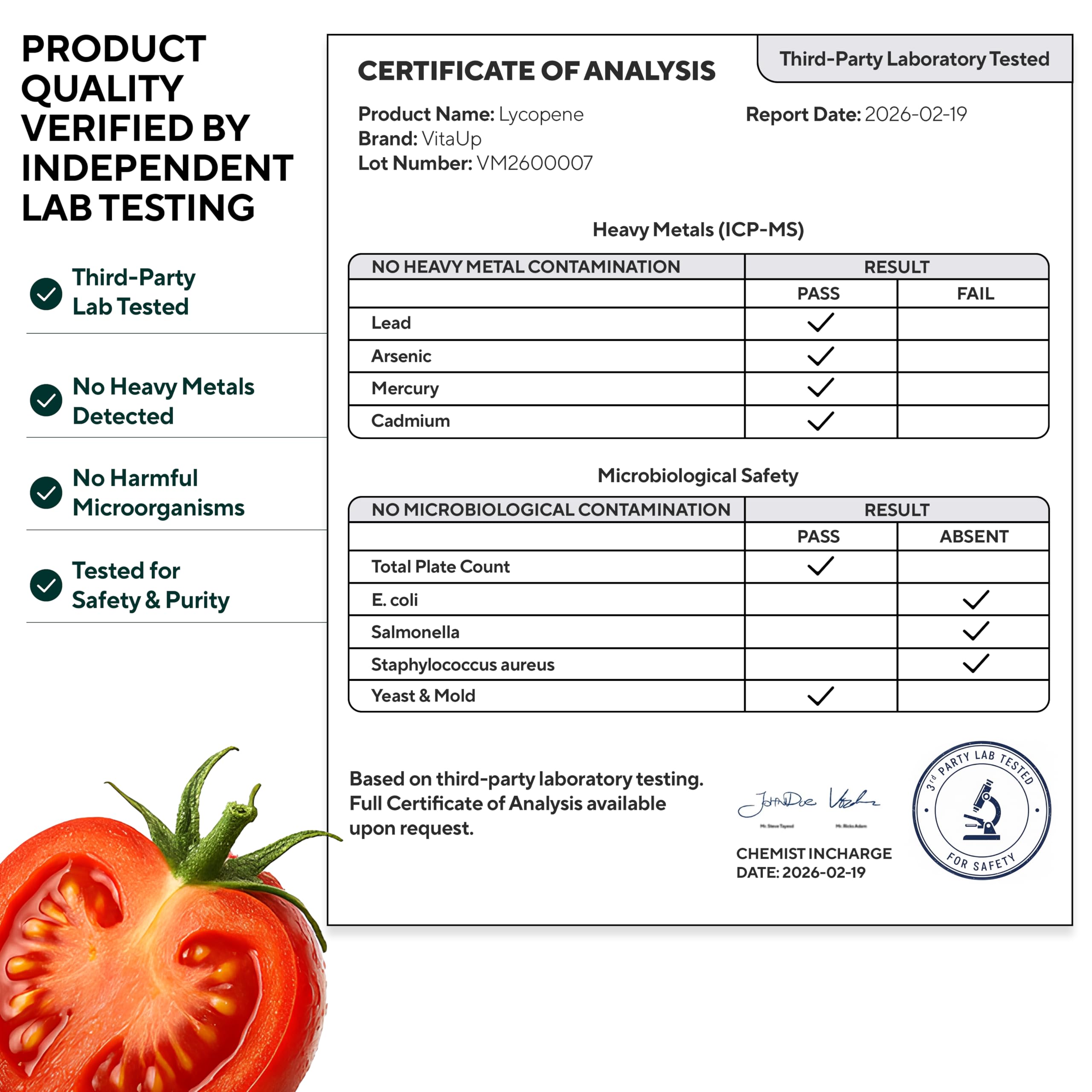 VitaUp Lycopene Supplements for Men – USA Made 30 mg of Tomato Extract – Prostate Supplements for Men – Non-GMO Lycopene Supplement for Normal Prostate, Skin & Antioxidant Support – 120 Count — Amazon image 6