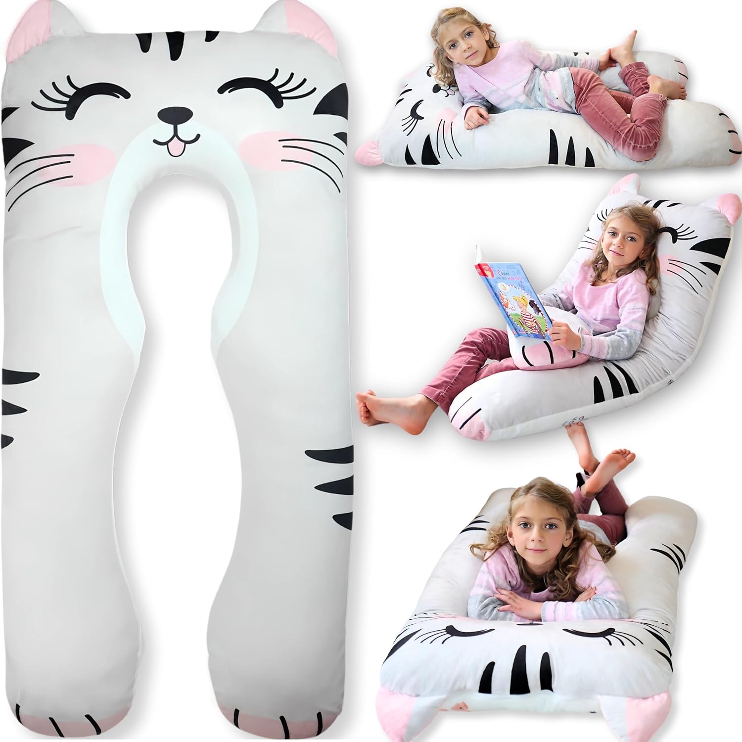 Cat Kids Body Pillow - 47" U-Shape Long Plush Soft Animal Pillow for Toddlers, Sleeping, Reading, ADHD & Special Needs Comfort, Anxiety, Washable Cover, Snuggle Fun Cuddle Pillow for Boys & Girls Cat Grey