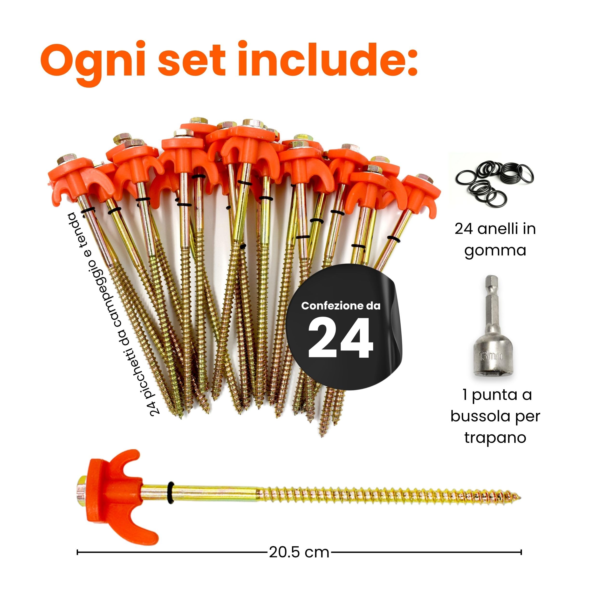 24 Pacco di Picchetti Tenda Campeggio in Metallo per Terreni Duri - Picchetti per Tenda Arancioni a vite Pesanti, Picchetti Campeggio, Picchetti Ancoraggio (20,5cm)