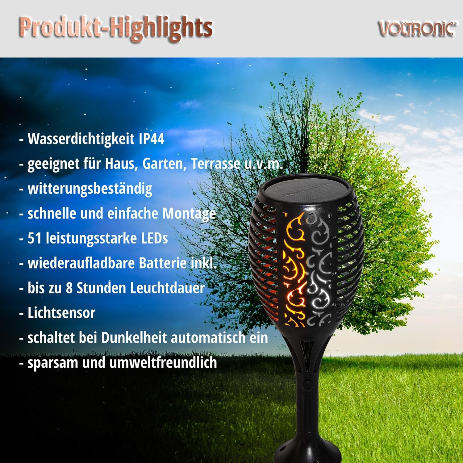 VOLTRONIC Solar Gartenfackel 51 LEDs, innen und außen, IP44, Wandhalterung, Erdspieß, Setwahl, 4er Set