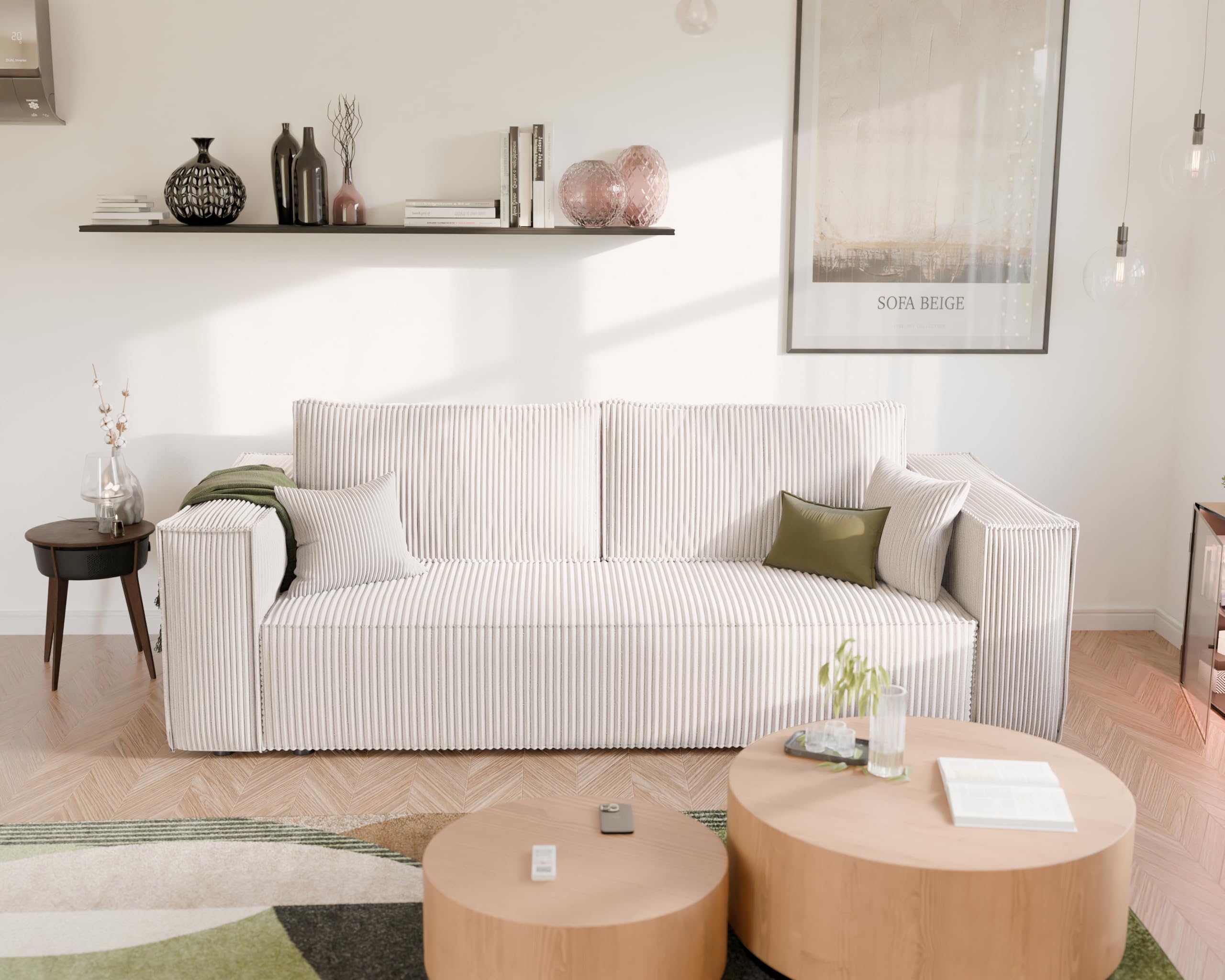 GREKPOL Schlafsofa mit Bettkasten 240x105 - Cord Beige Sofa mit schlaffunktion - Couch mit Schlaffunktion- 3 Sitzer - Wohnzimmer Couch - Schlafcouch